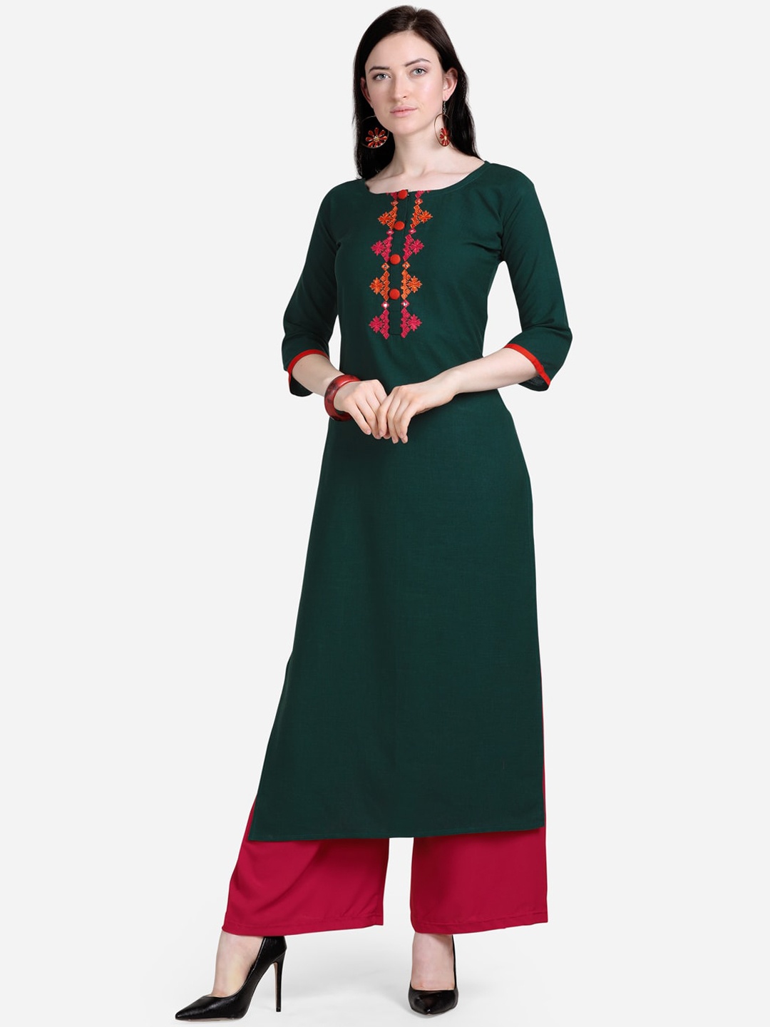 

Florence Women Green & Red Embroidered Kurta with Palazzos