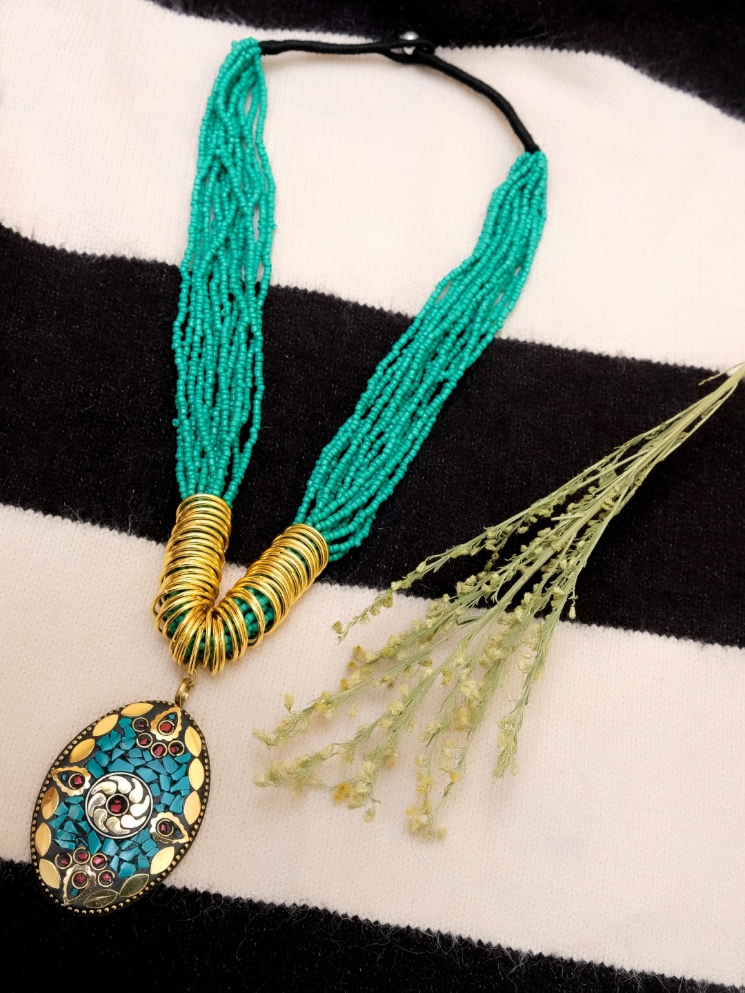 

Crunchy Fashion Gold-Toned & Sea Green Alloy Gold-Plated Layered Necklace
