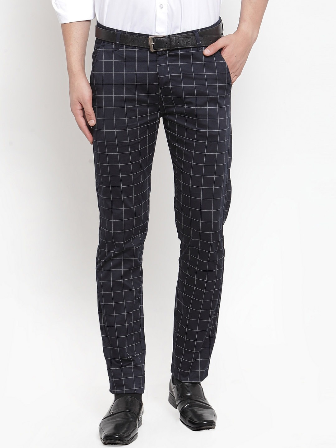 

Hancock Men Navy Blue & White Slim Fit Checked Formal Trousers