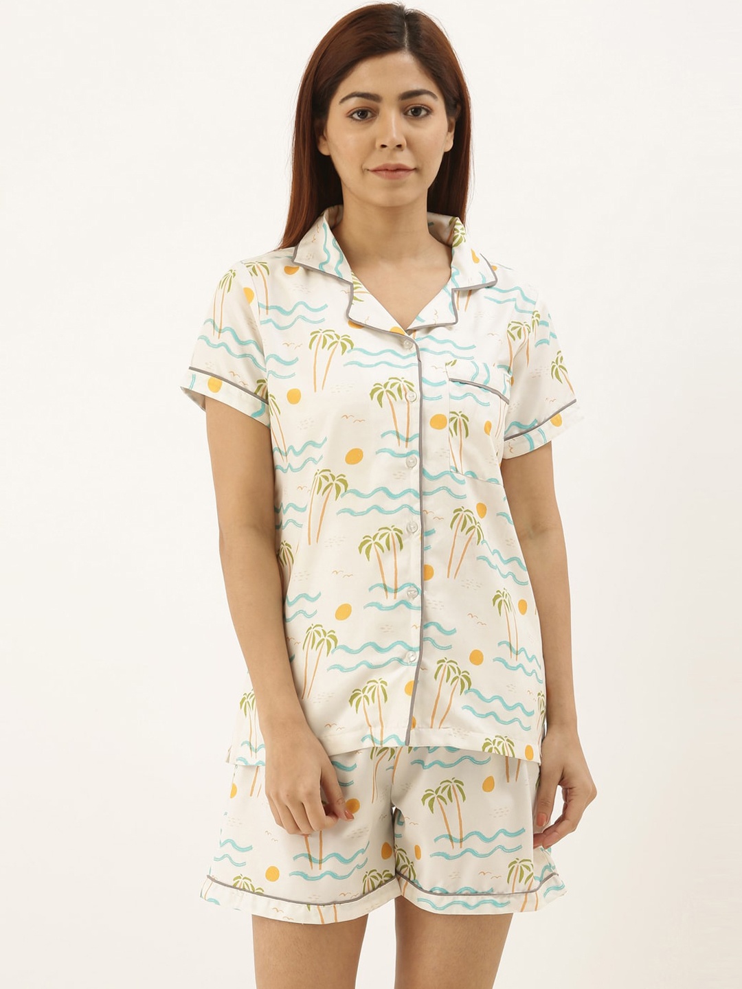 

Bannos Swagger Women White & Yellow Printed Night suit