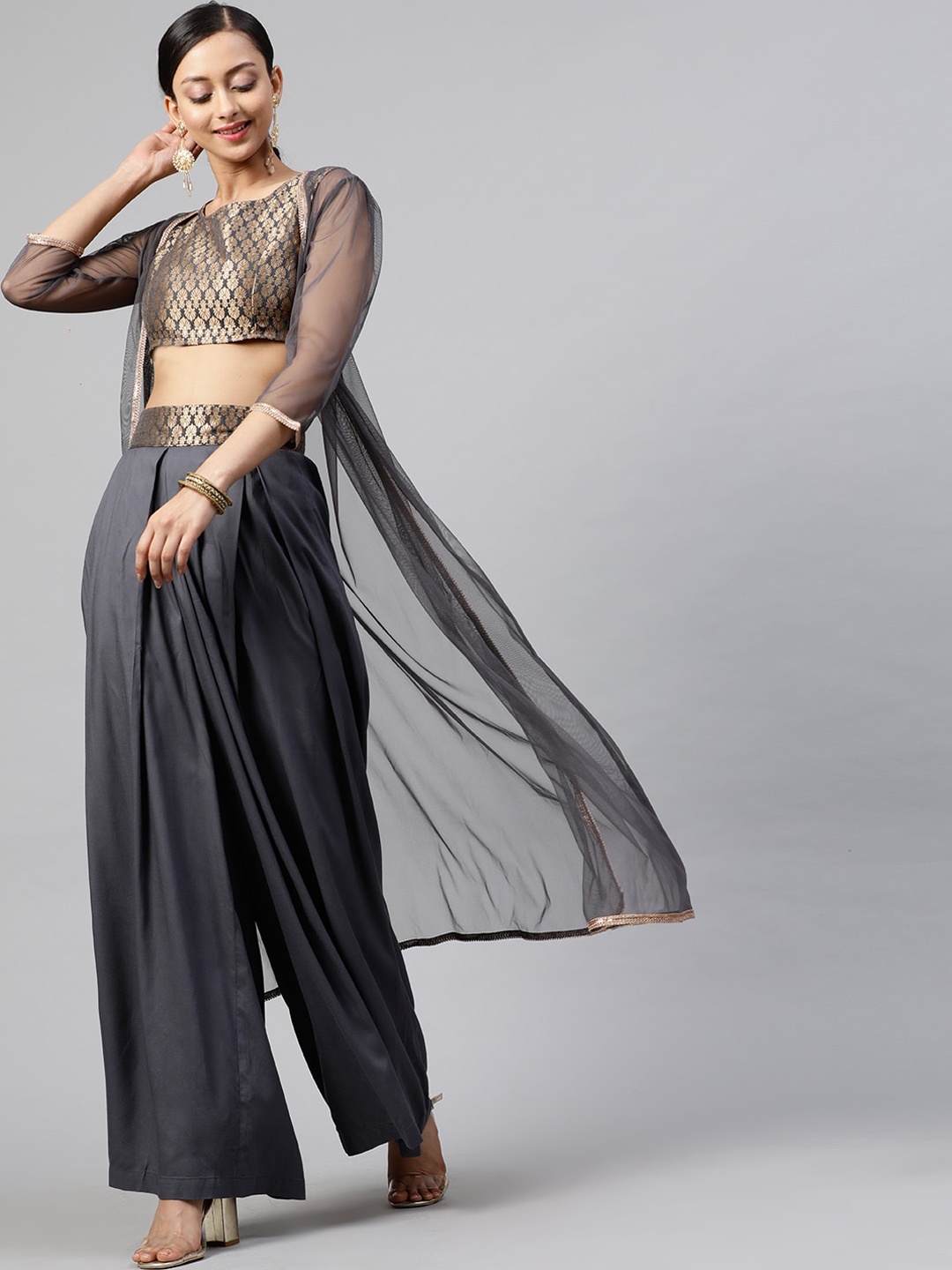 

STREET 9 Women Grey & Gold-Toned Self Design Crop Top with Dhoti Pants & Longline Jacket