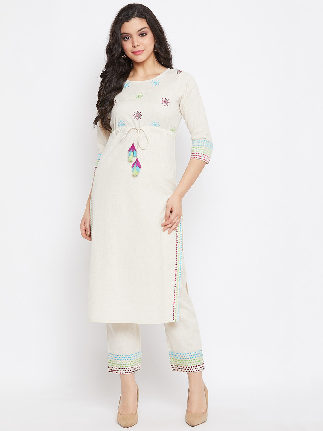 

WineRed Women Off-White Embroidered Kurta with Trousers