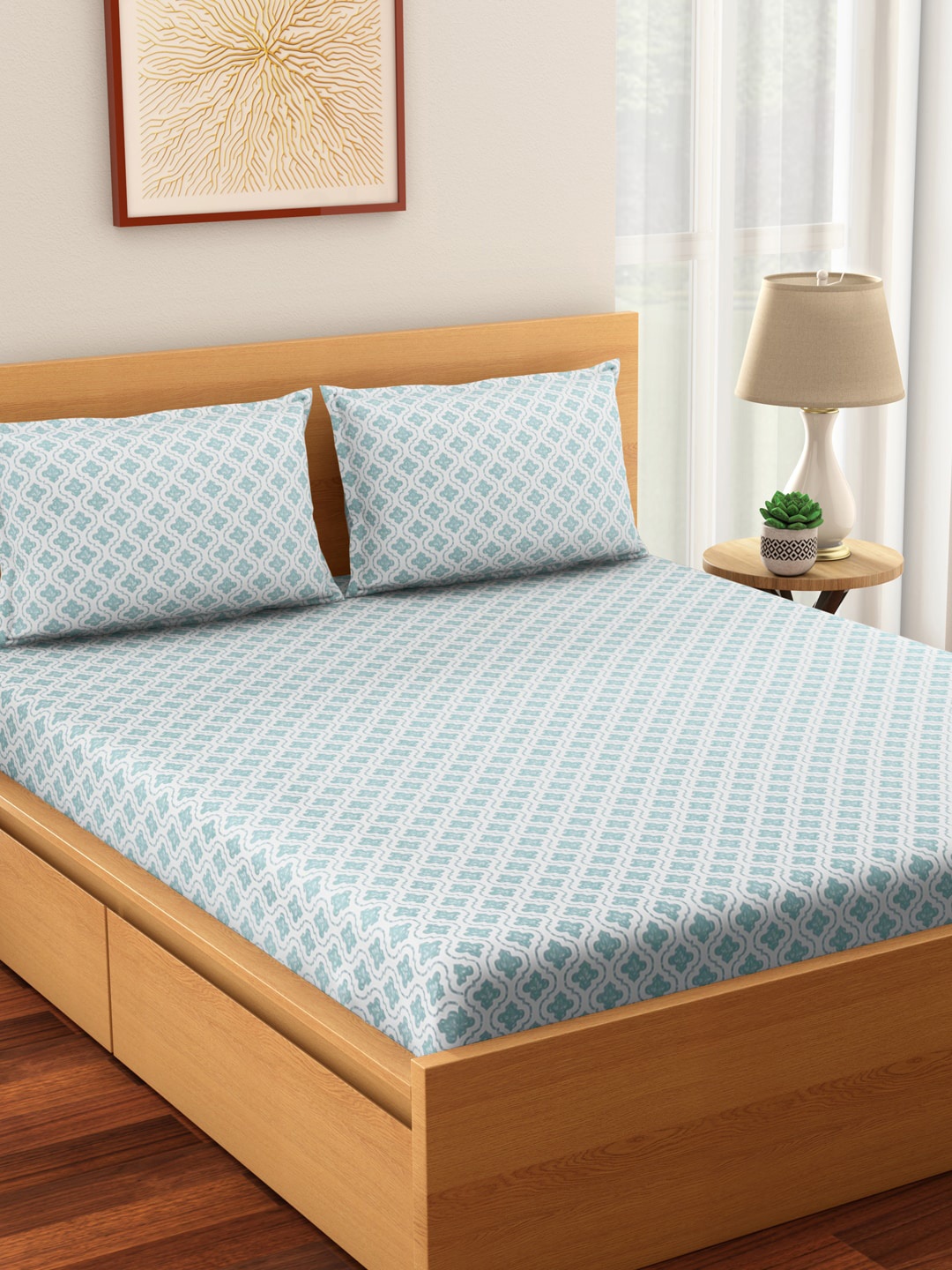 

Living scapes by Pantaloons Blue & White 144 TC Cotton Queen Bedsheet & 2 Pillow Covers