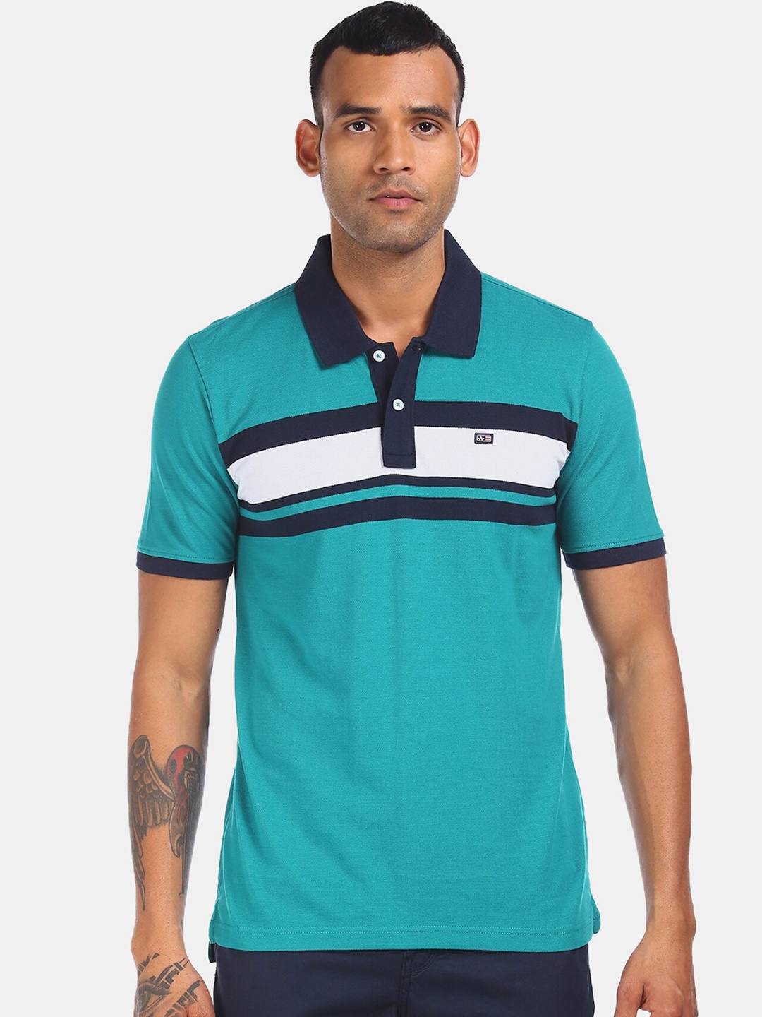 

Arrow Sport Men Turquoise Blue Striped Polo Collar T-shirt