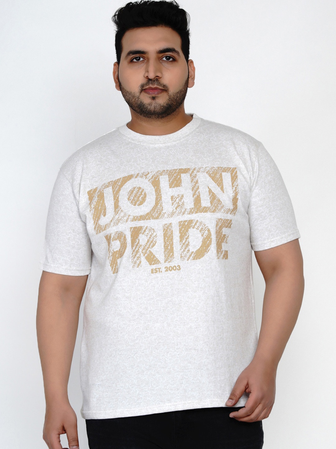

John Pride Men Cream-Coloured Printed Round Neck T-shirt