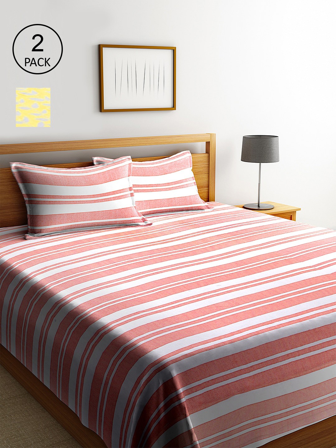 

KLOTTHE Set of 2 Striped Double Bed Covers With 4 Pillow Covers, Pink