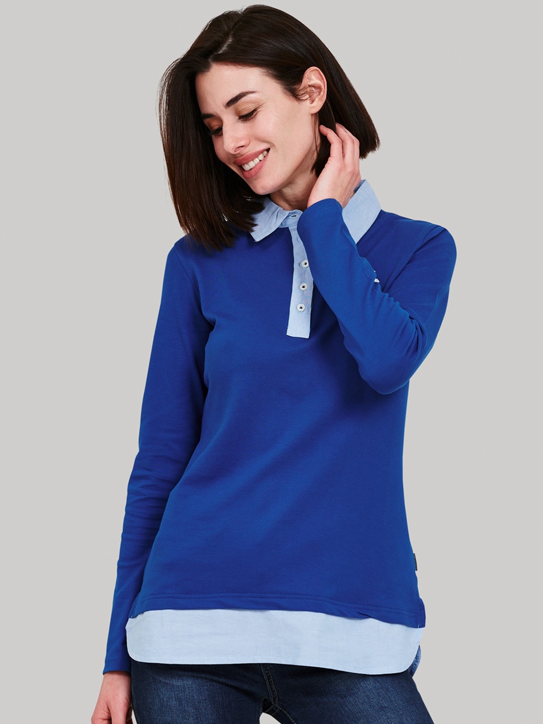 

Beverly Hills Polo Club Women Blue Colourblocked Polo Collar T-shirt