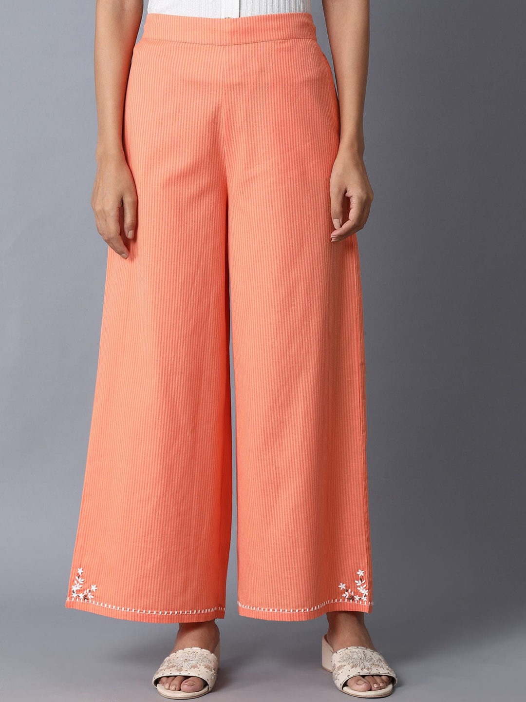 W Women Orange & White Striped Straight Palazzos