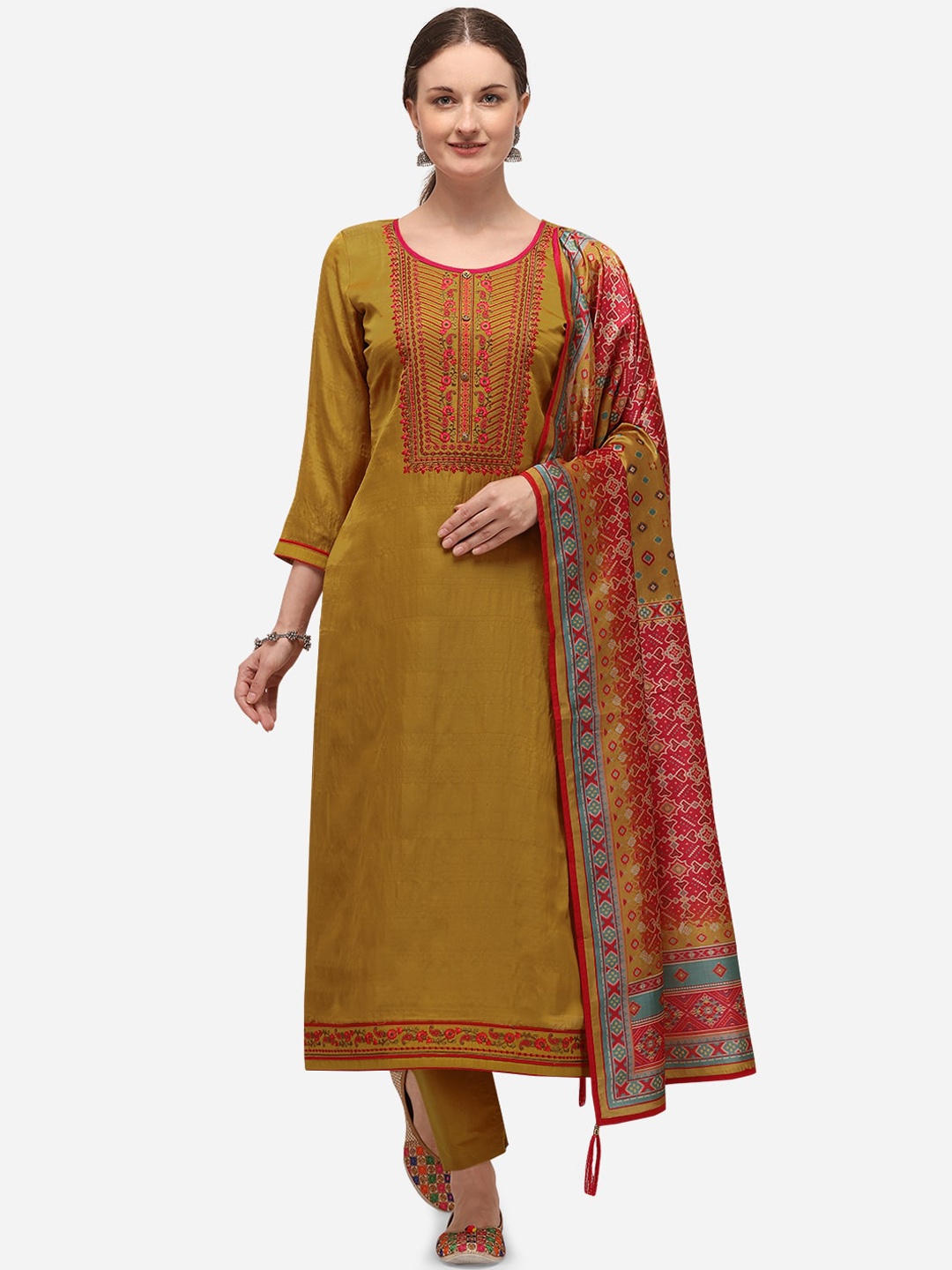 

SheWill Mustard & Pink Silk Blend Unstitched Dress Material