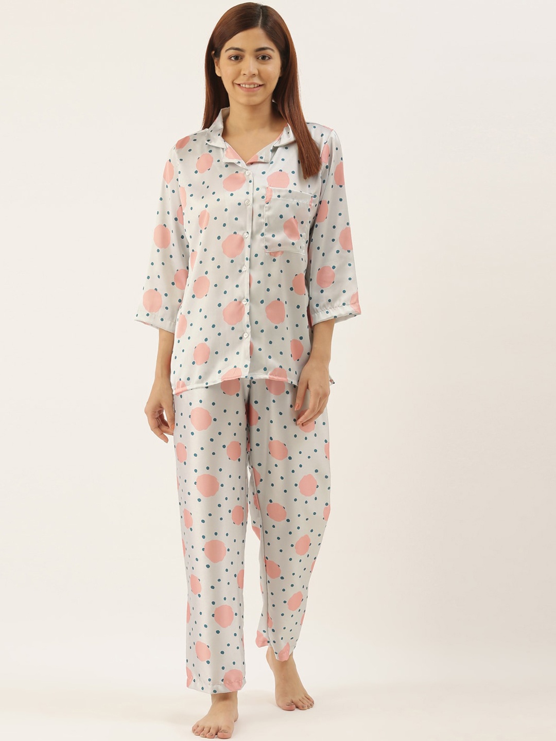 

Bannos Swagger Women White & Pink Printed Night suit
