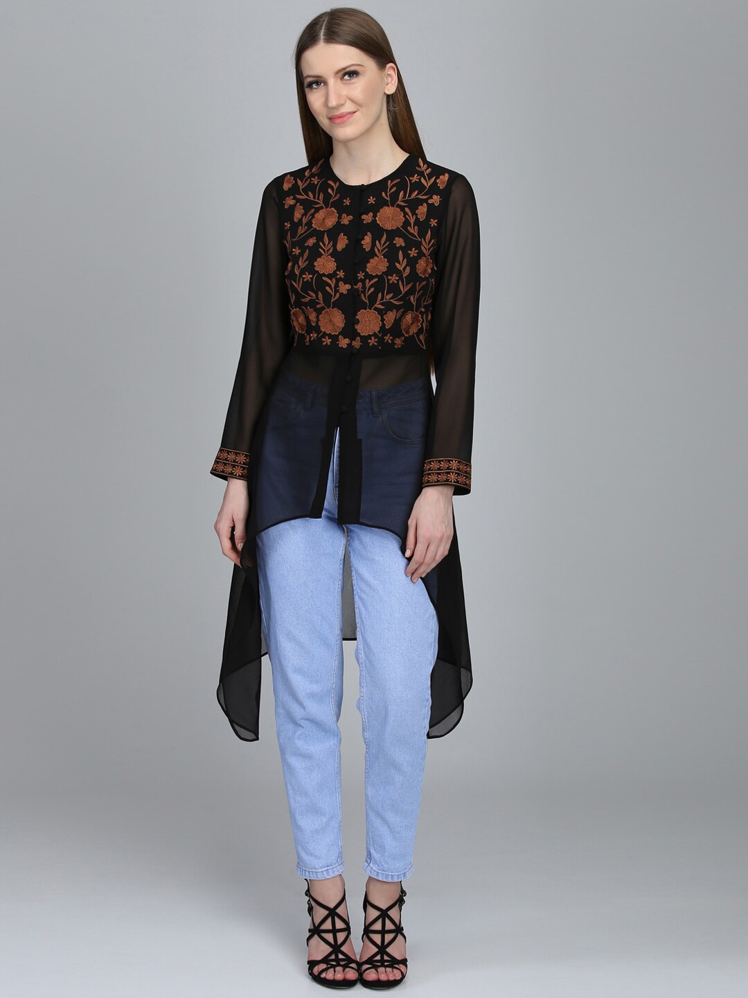 

DODO & MOA Women Black Floral Embroidered Kurta