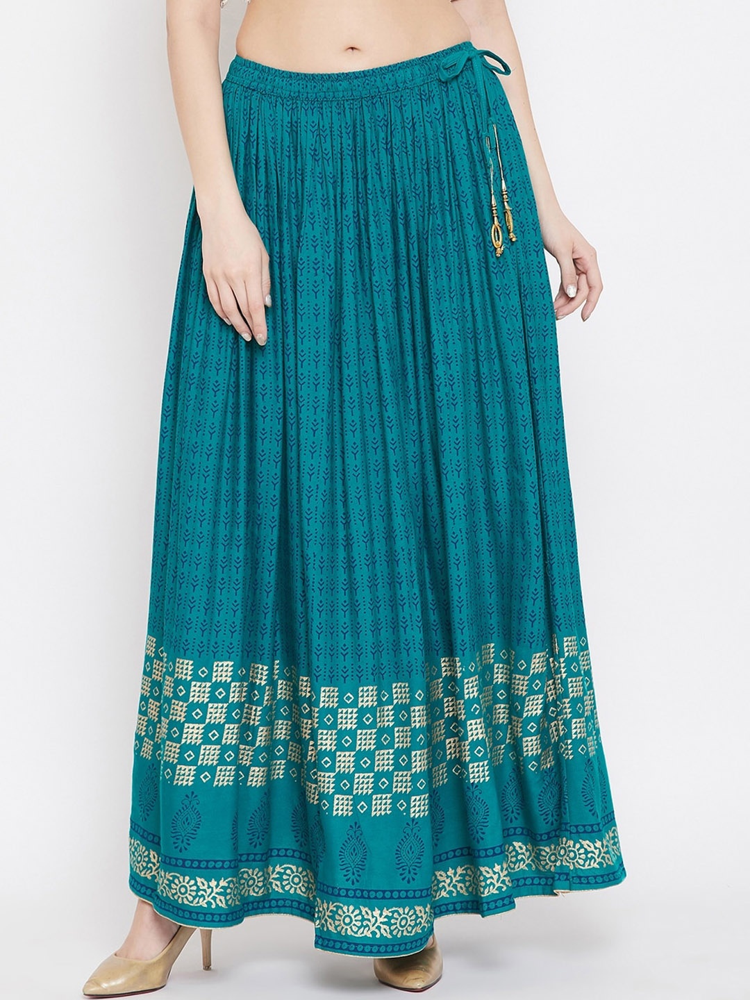

Clora Creation Women Teal Blue & Gold-Colored Geometric Printed Flared Maxi Skirt