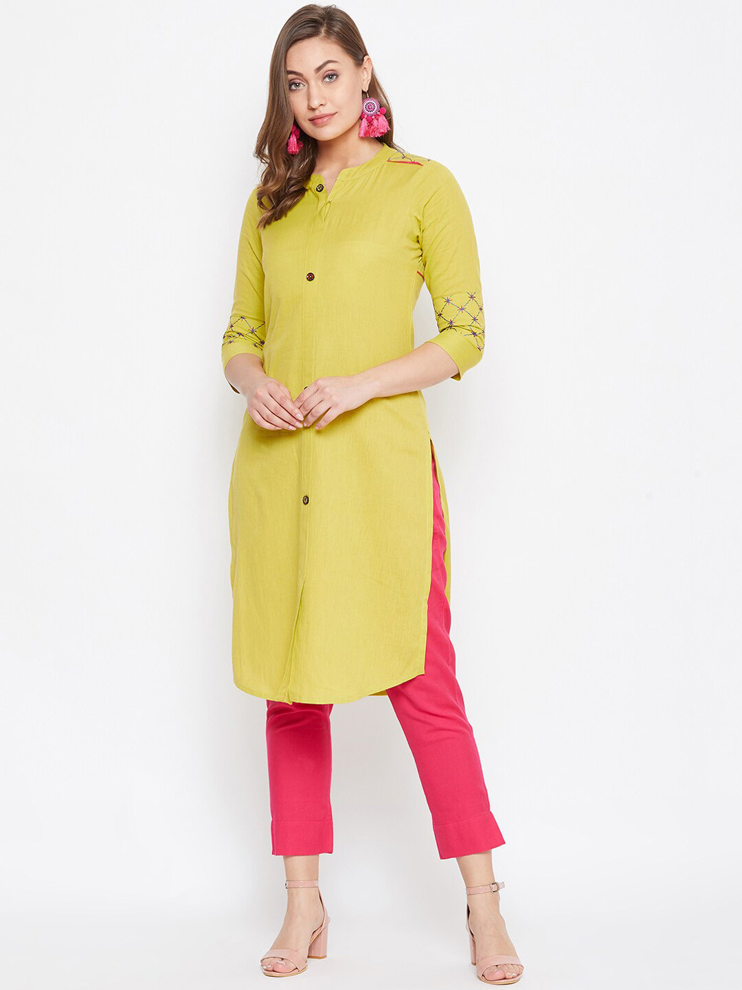 

WineRed Women Yellow Embroidered Straight Kurta