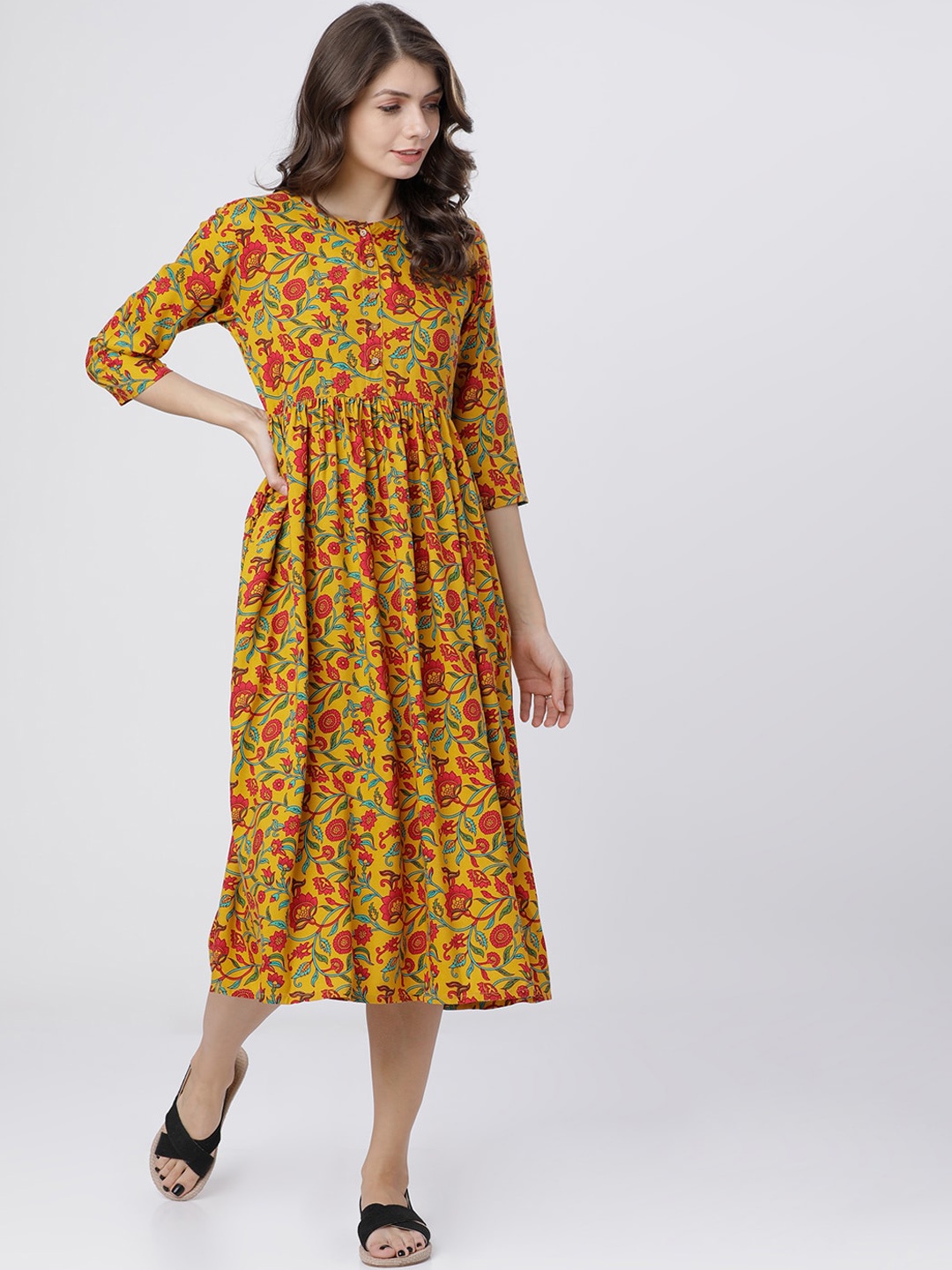 

Vishudh Women Mustard Yellow Printed A-Line Dress