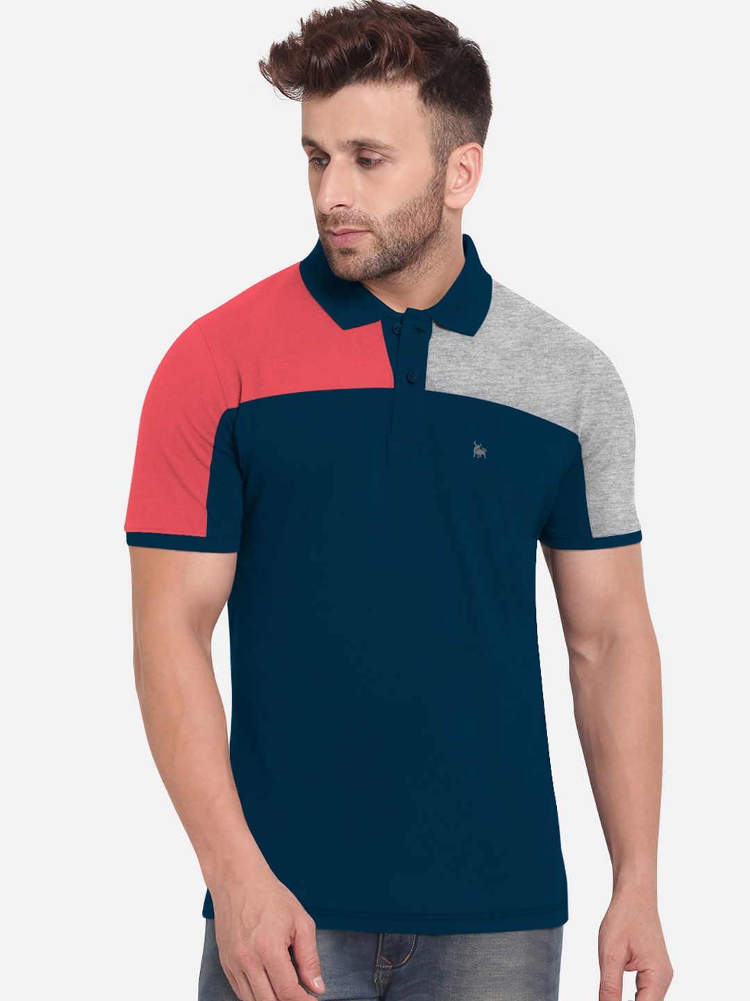 

BULLMER Men Navy Blue Grey Colourblocked Polo Collar Cotton Pure Cotton T-shirt
