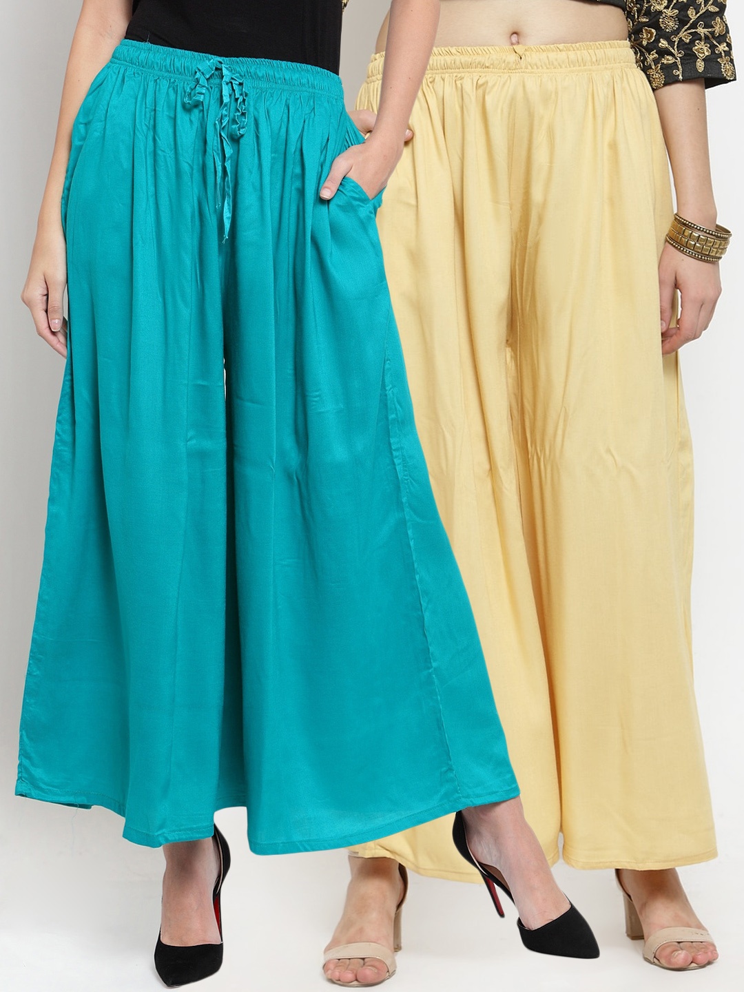 

Clora Creation Women Pack Of 2 Beige & Blue Solid Wide Leg Palazzos
