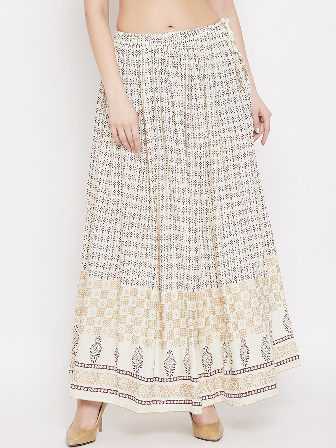 

Clora Creation Women Cream-Coloured & Brown Printed Flared Maxi Skirt