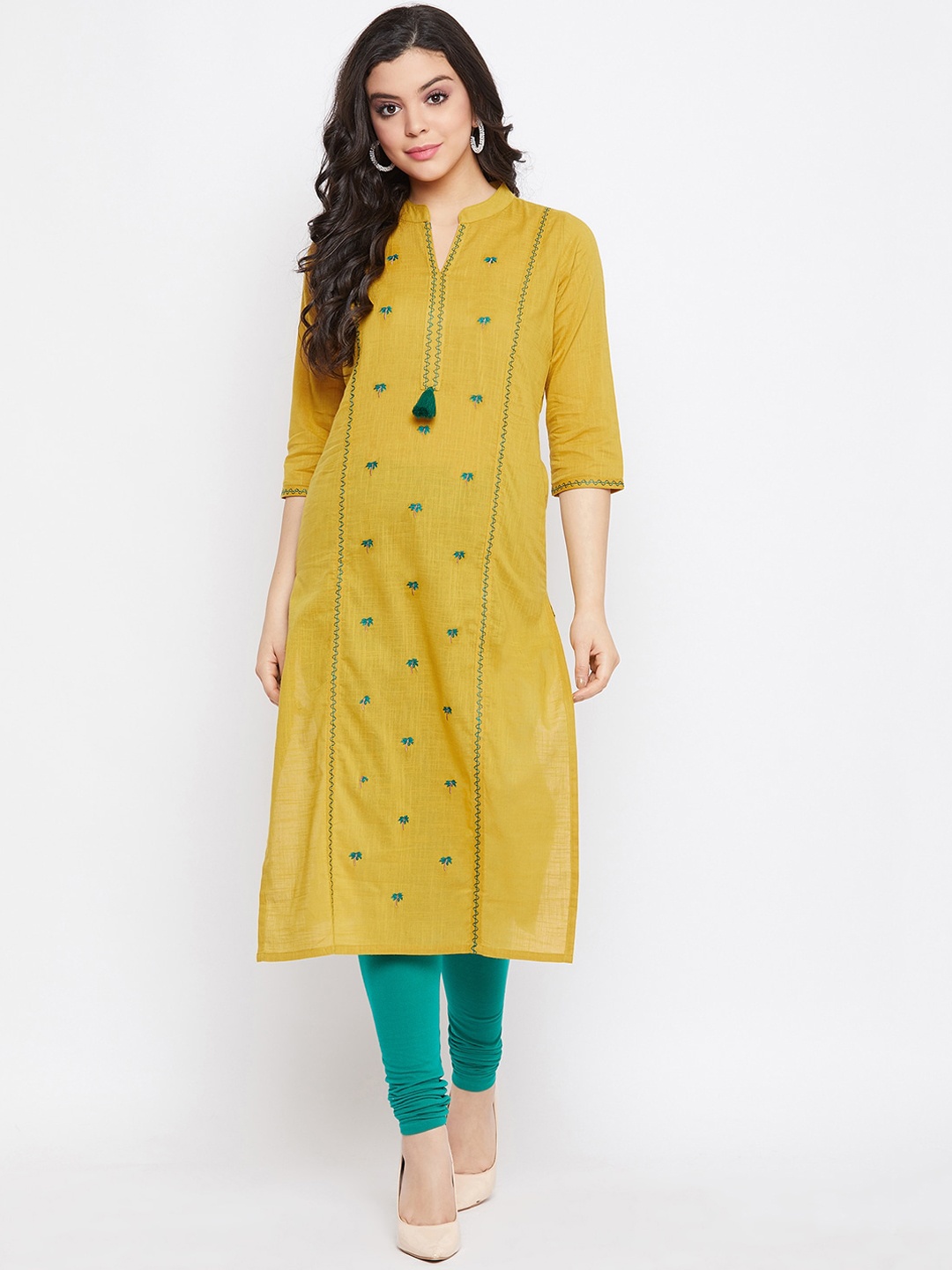 

WineRed Women Mustard Floral Embroidered Thread Work Kurta