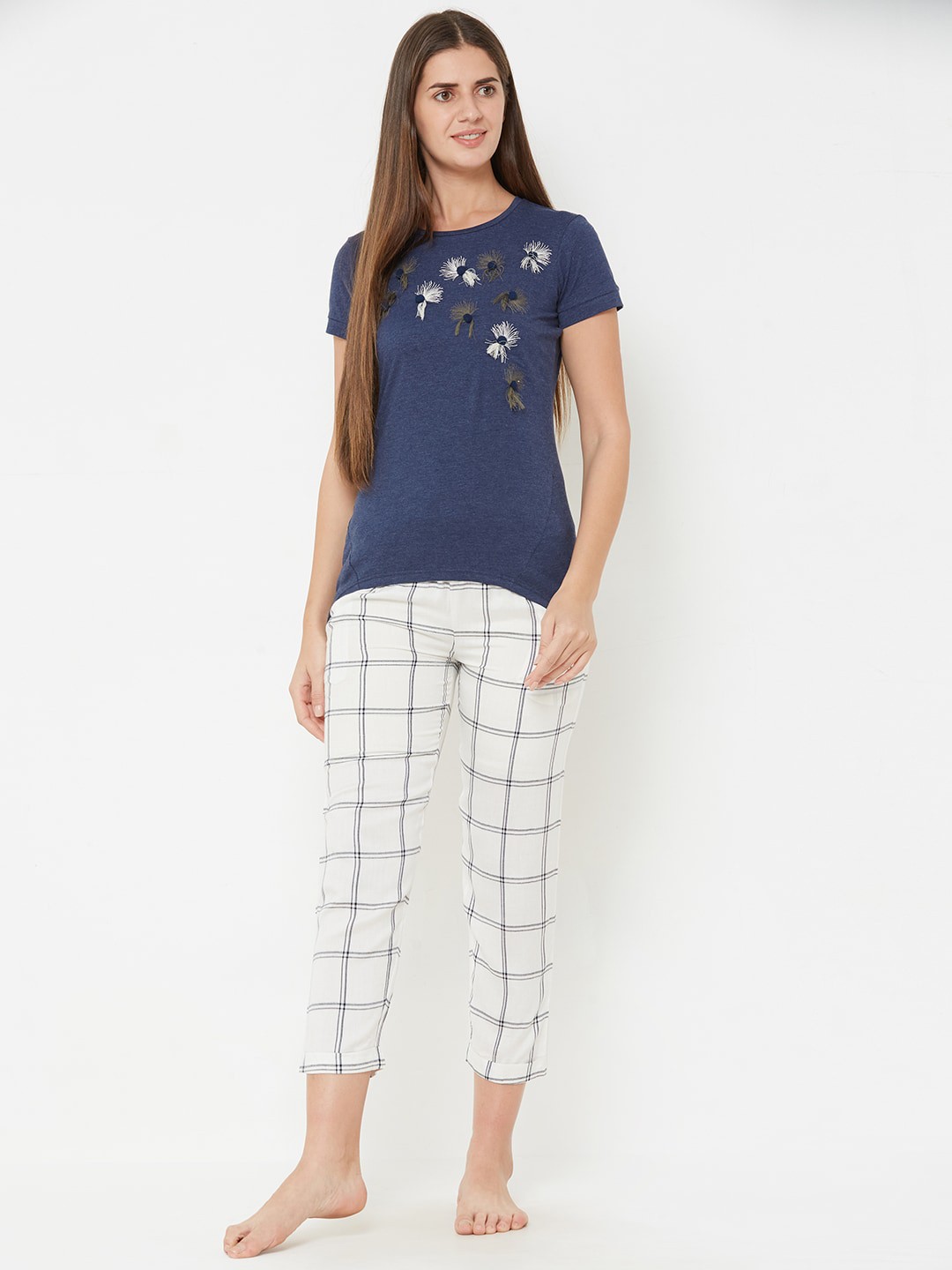 

Sweet Dreams Women Navy Blue & White Printed Night suit