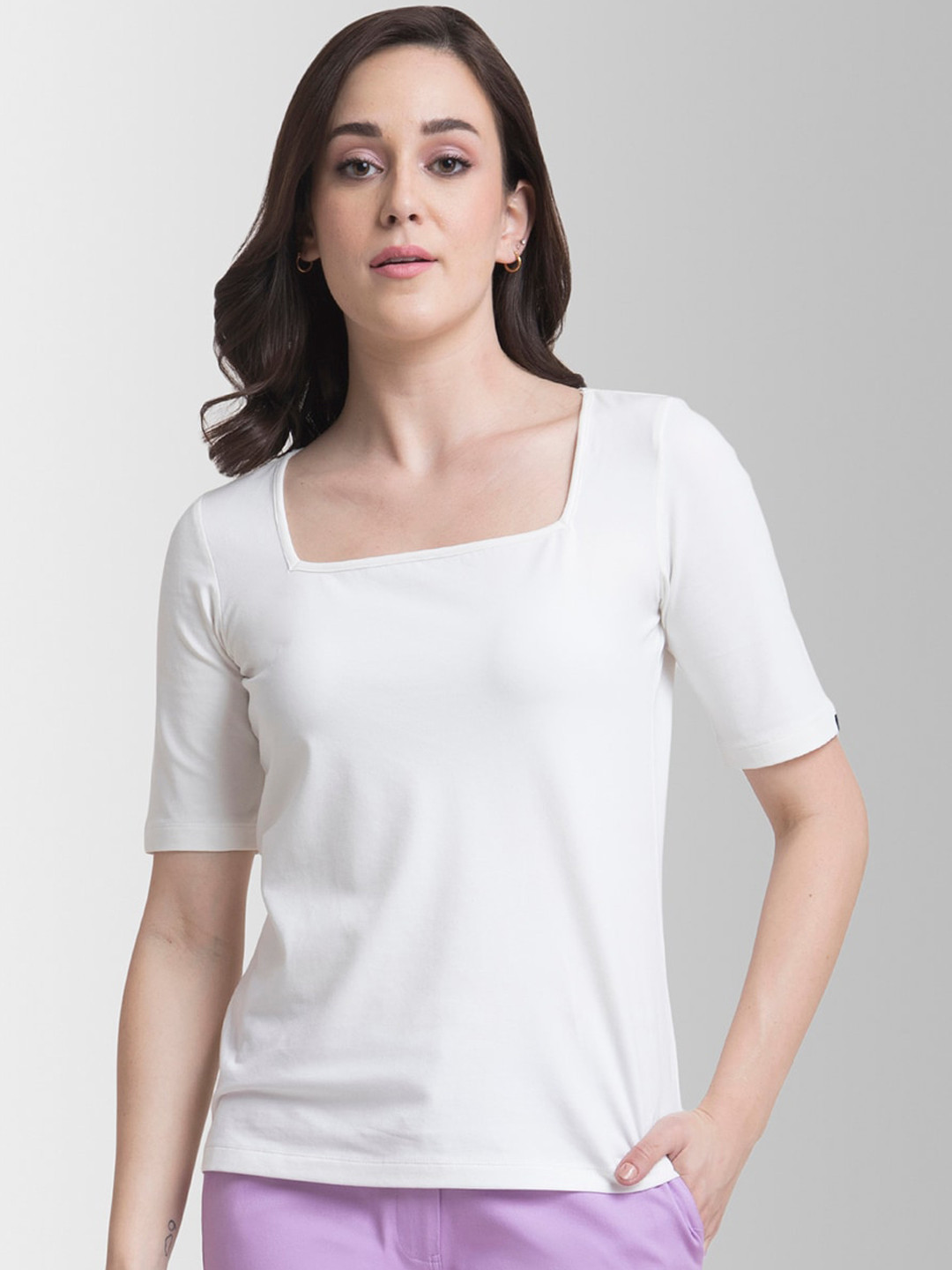 

FableStreet Women White Solid Square Neck T-shirt