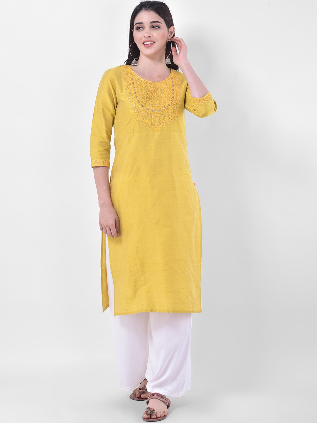 

Span Women Yellow Ethnic Motifs Yoke Design Thread Work Kurta