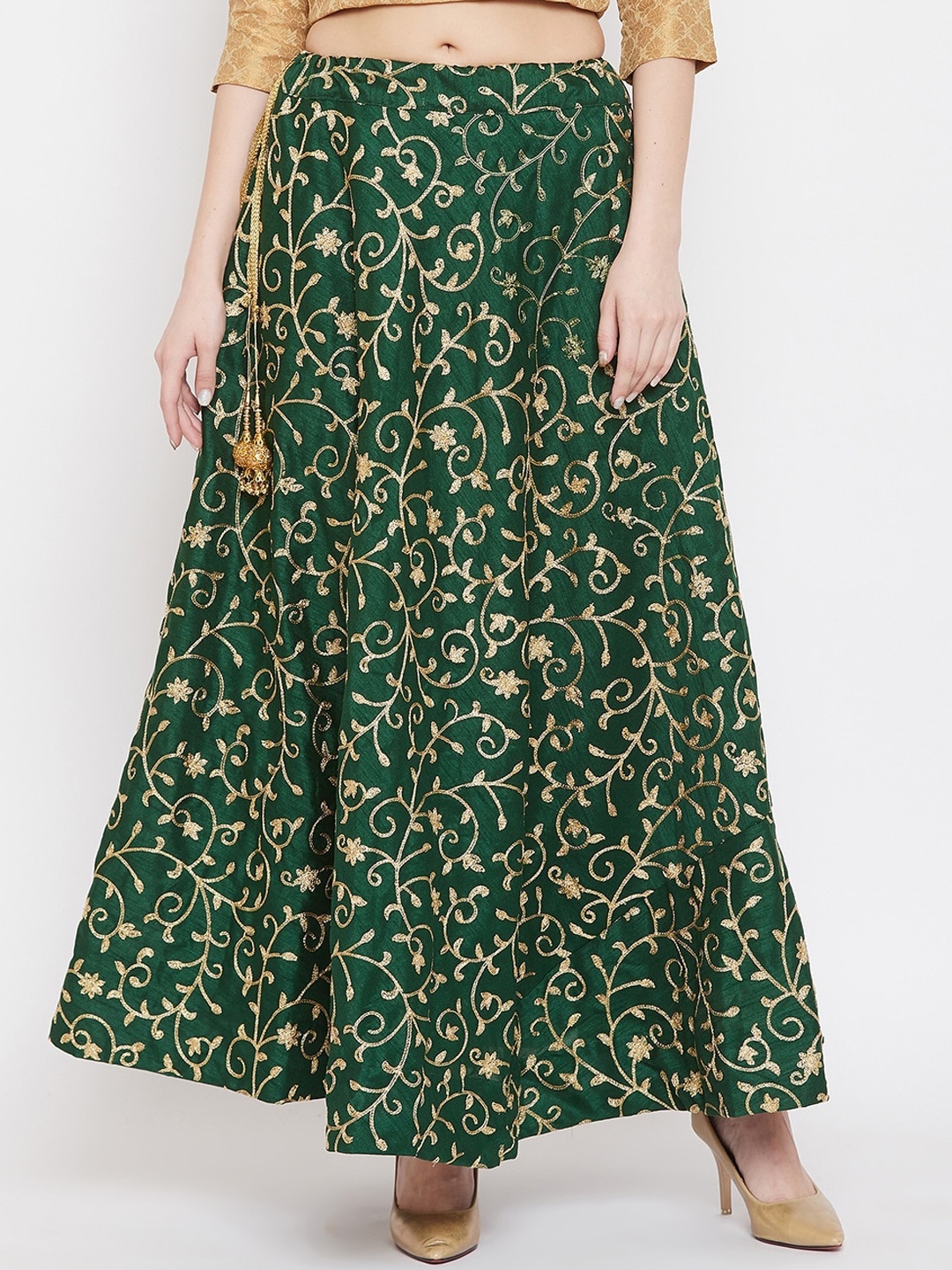 

Clora Creation Green & Gold-Coloured Embroidered Flared Maxi Skirt