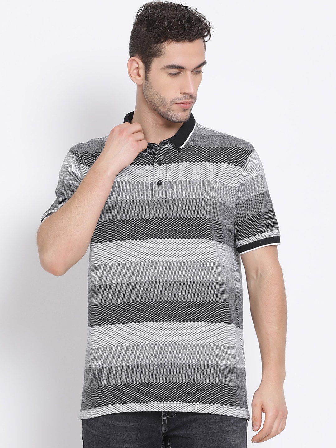 

Richlook Men Black Striped Polo Collar T-shirt