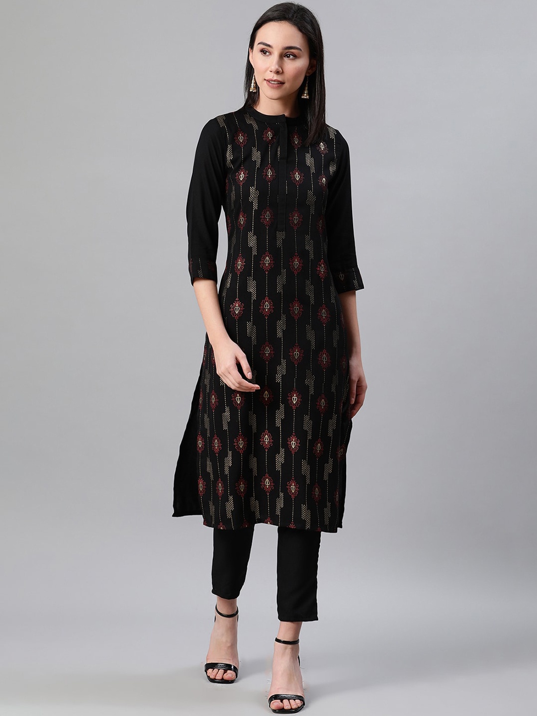 

ZIYAA Women Black Foil Printed Kurta with Trousers