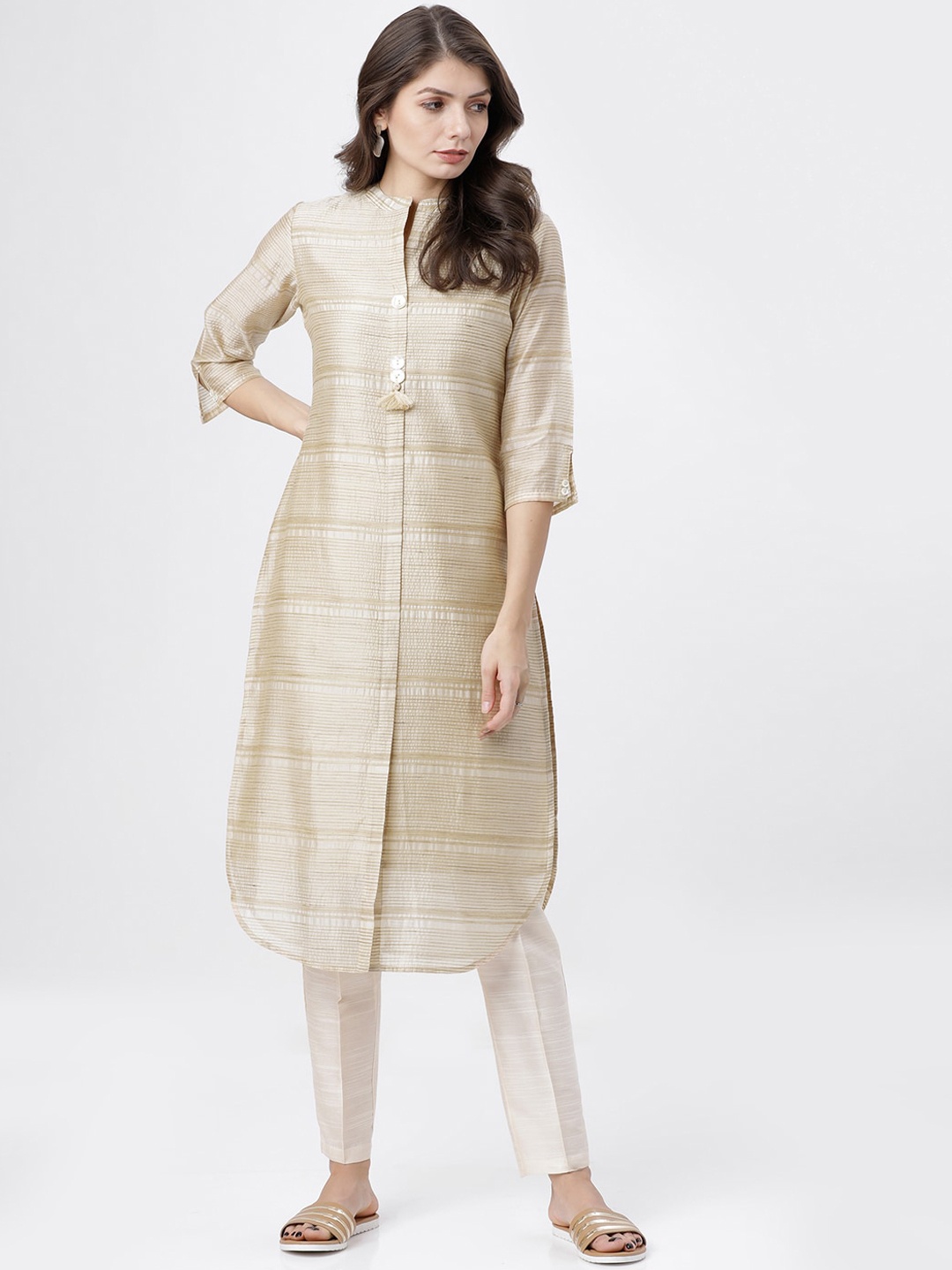 Vishudh Women Beige Striped Thread Work Pathani Kurta