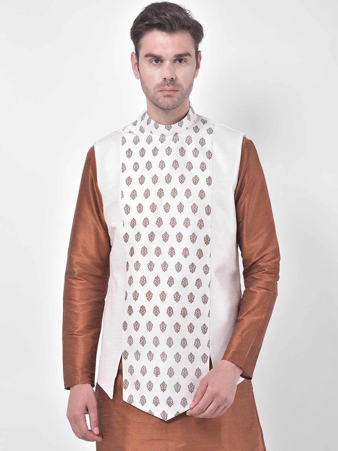 

DEYANN Men Off-White & Brown Printed Woven Nehru Jacket