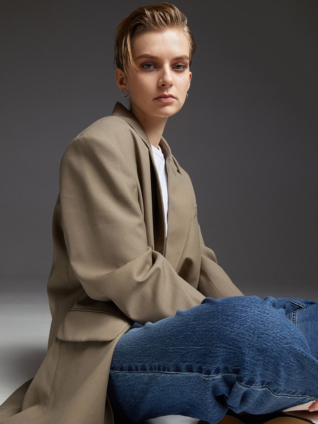 

H&M Women Beige Solid Oversized Jacket