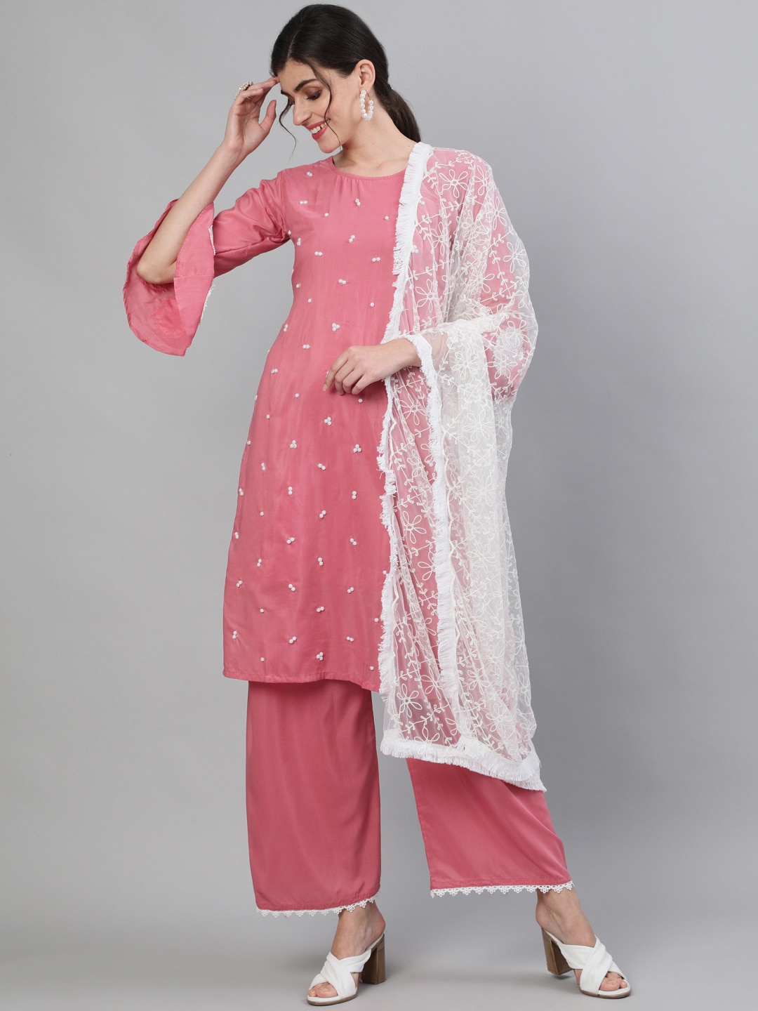 

Ishin Women Pink & White Embroidered Kurta with Palazzos & Dupatta