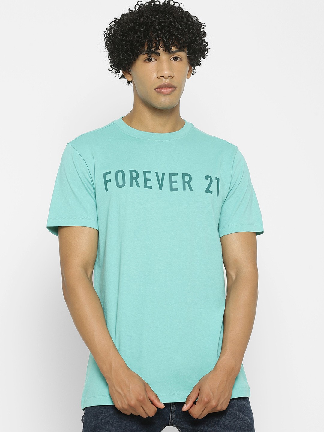 

FOREVER 21 Men Blue Printed Round Neck T-shirt