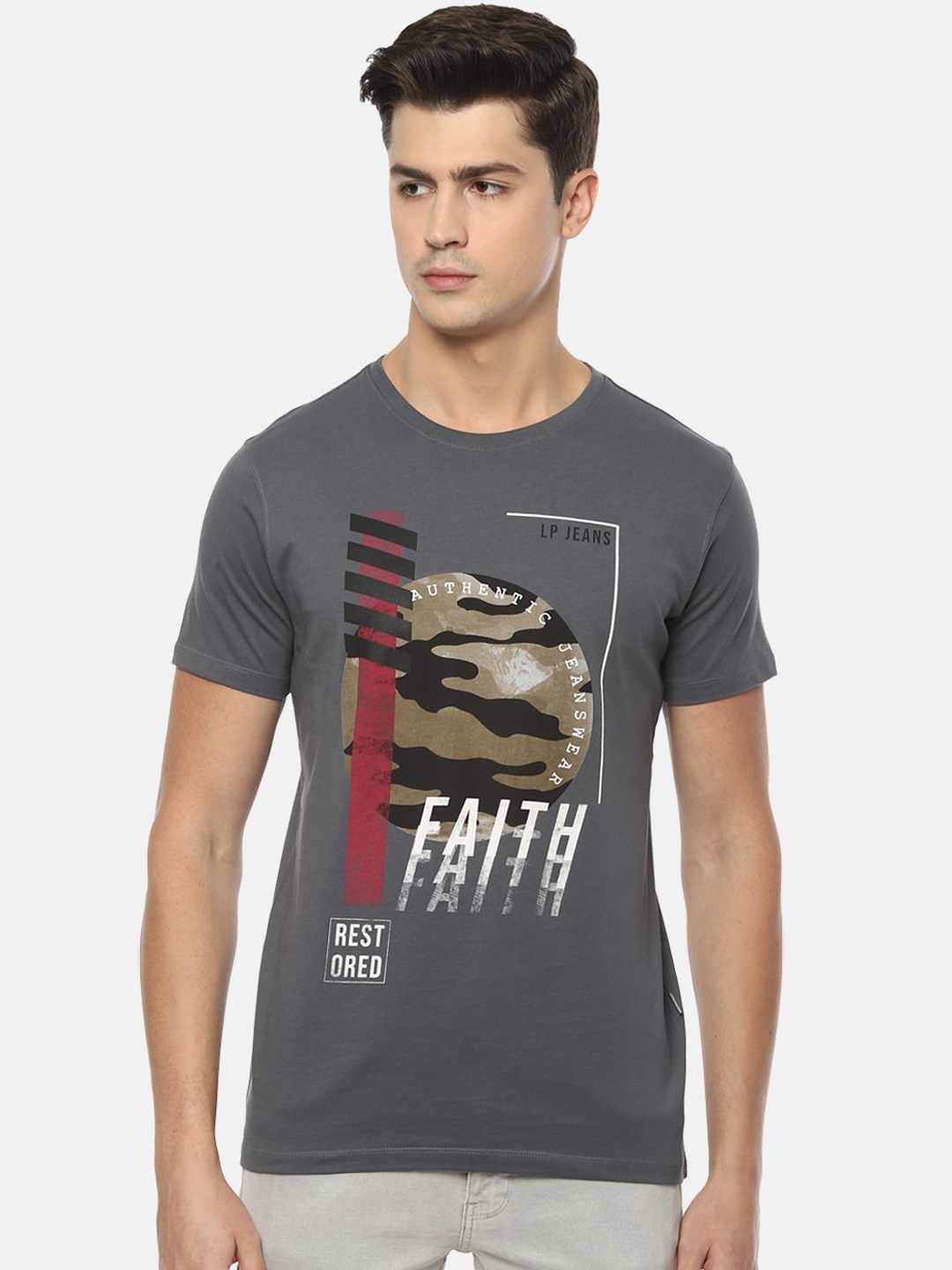 

Louis Philippe Jeans Men Grey Printed Round Neck Cotton Pure Cotton T-shirt
