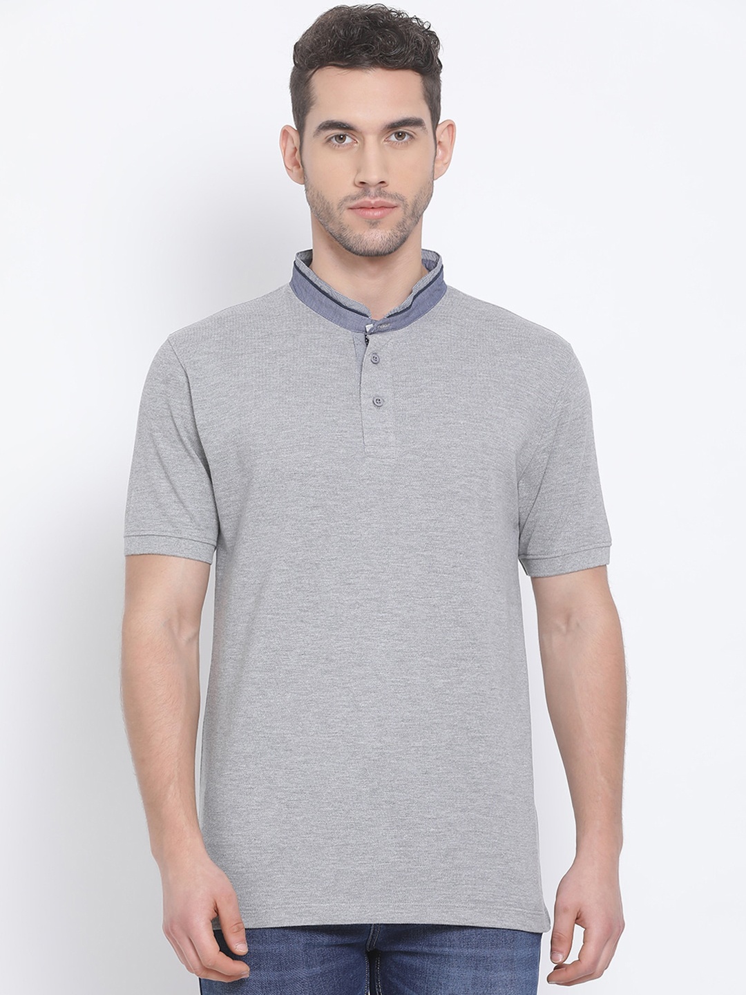 

Richlook Men Grey Melange Henley Neck T-shirt