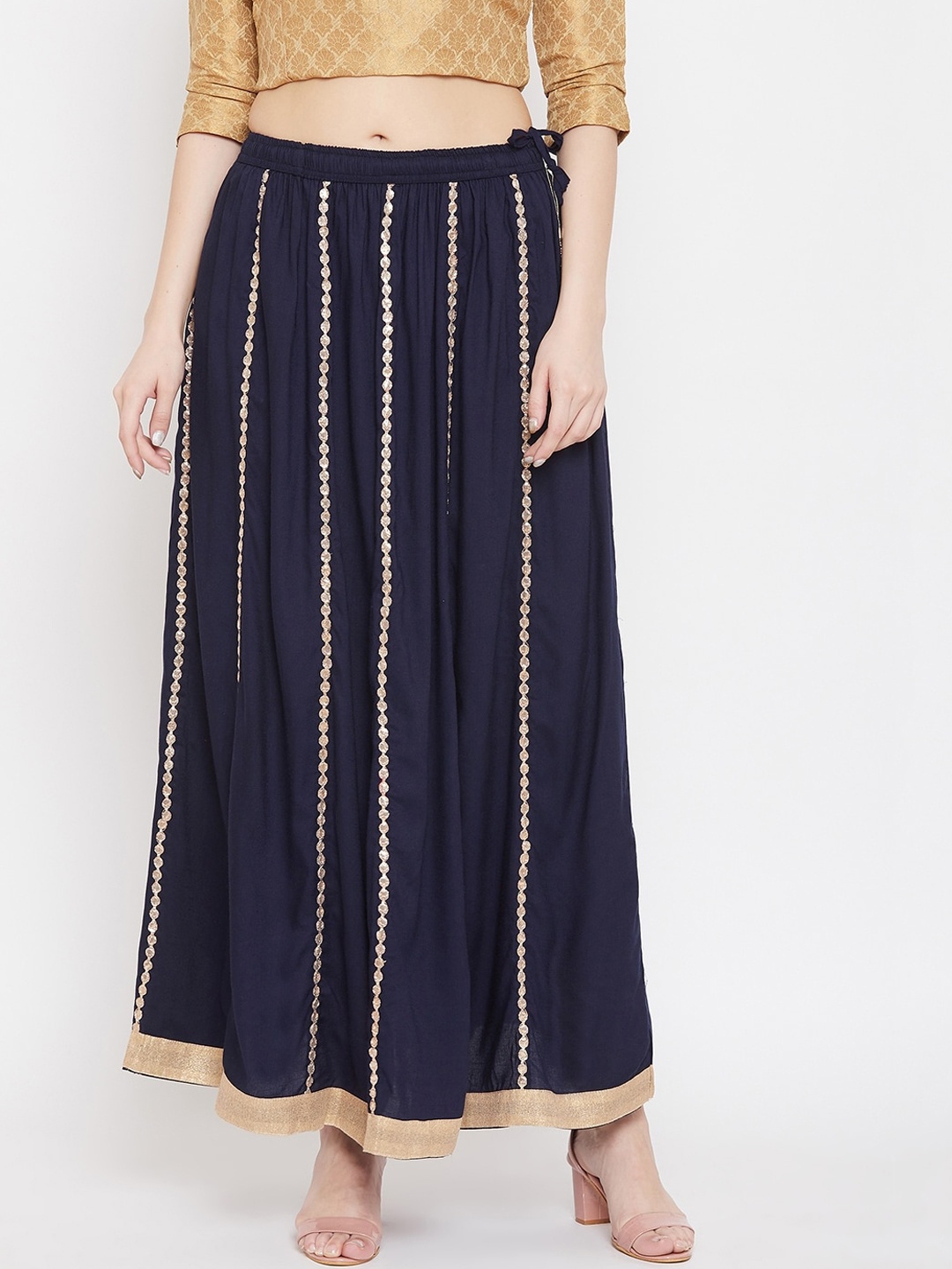 

Clora Creation Women Navy Blue & Gold-Colour Embellished Flared Maxi Skirt