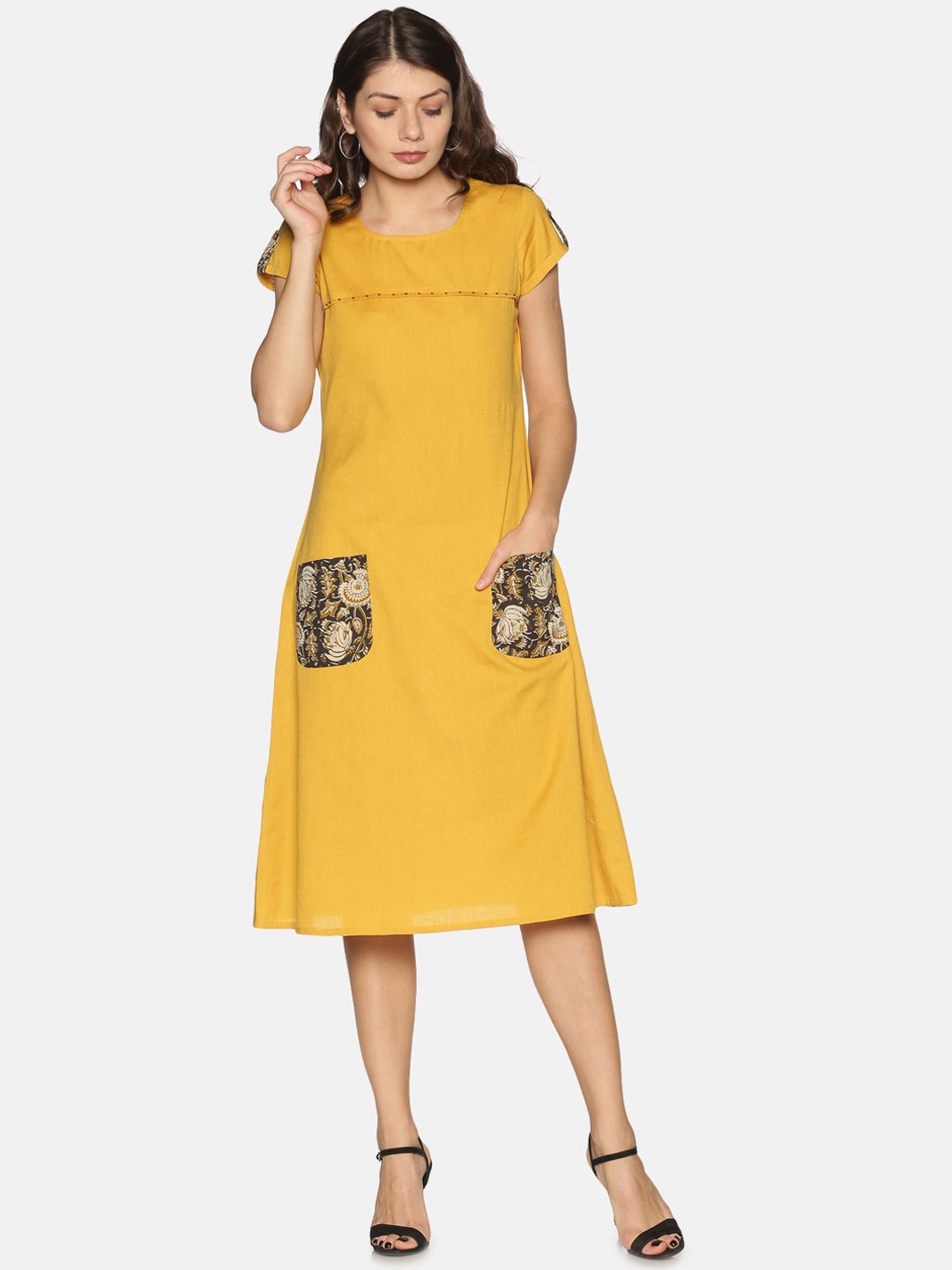 

Saffron Threads Women Mustard Yellow A-Line Dress
