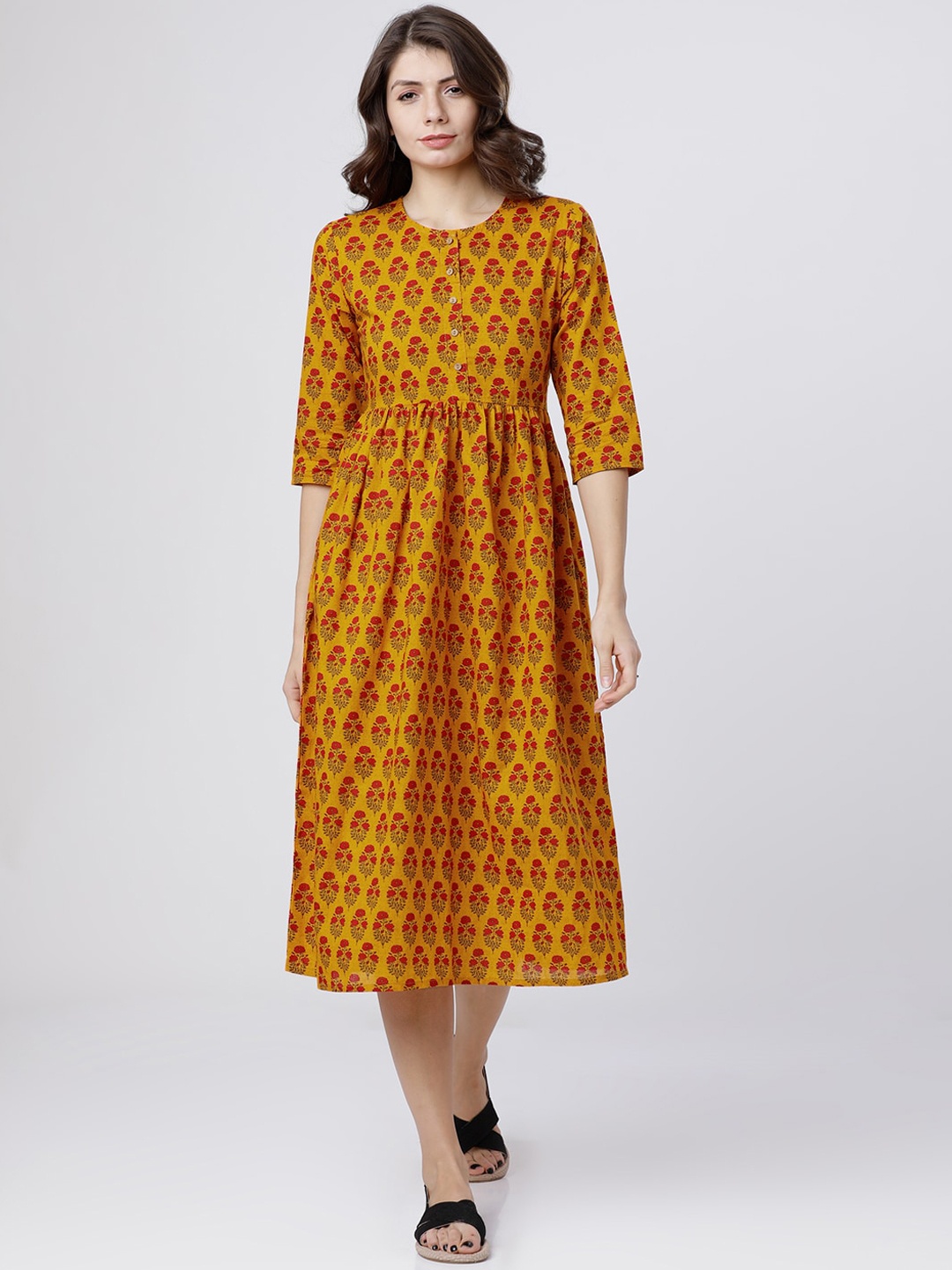 

Vishudh Women Mustard Yellow Printed Fit and Flare Dress