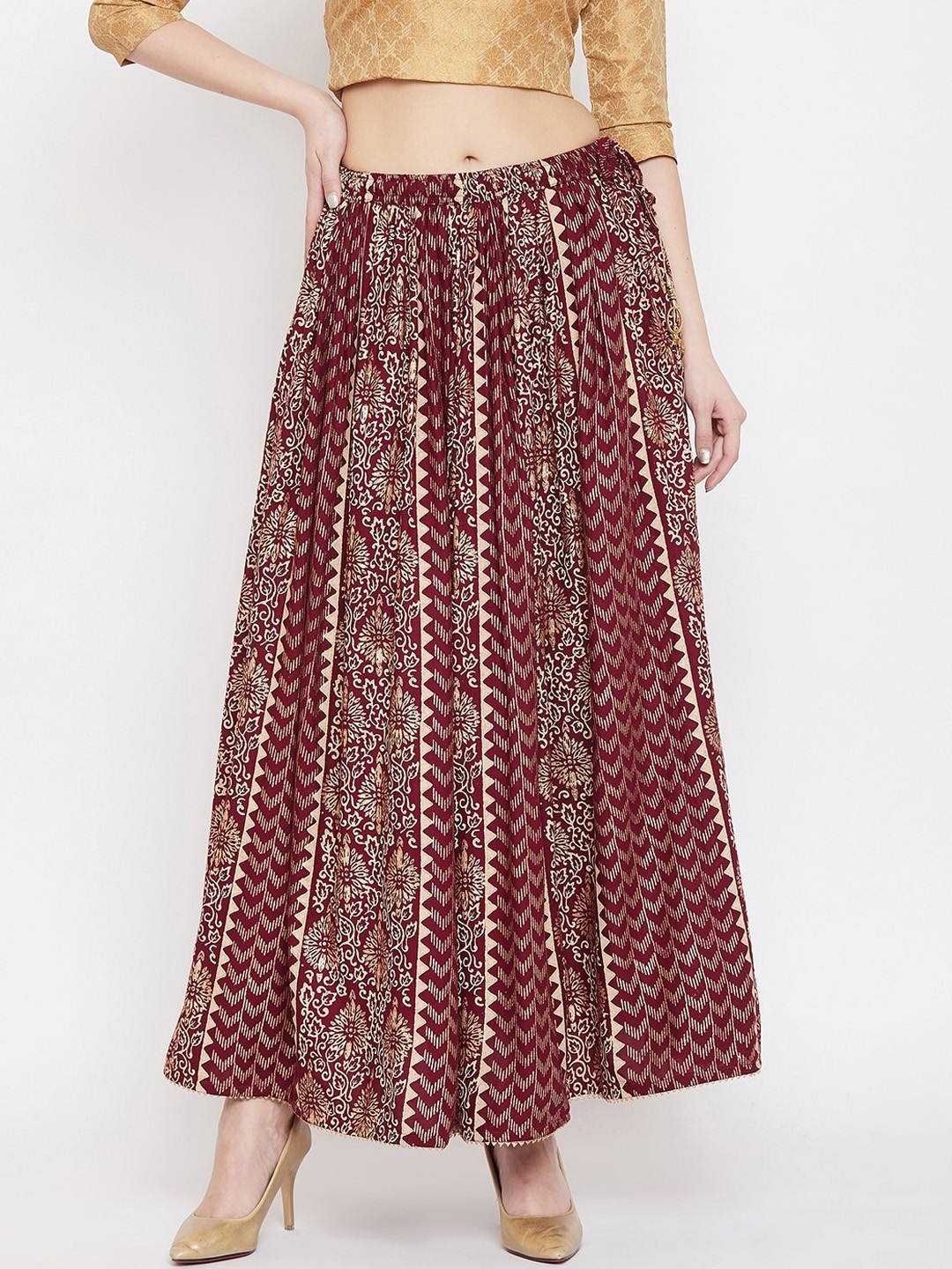

Clora Creation Women Maroon & Gold-Coloured Printed Flared Maxi Skirt