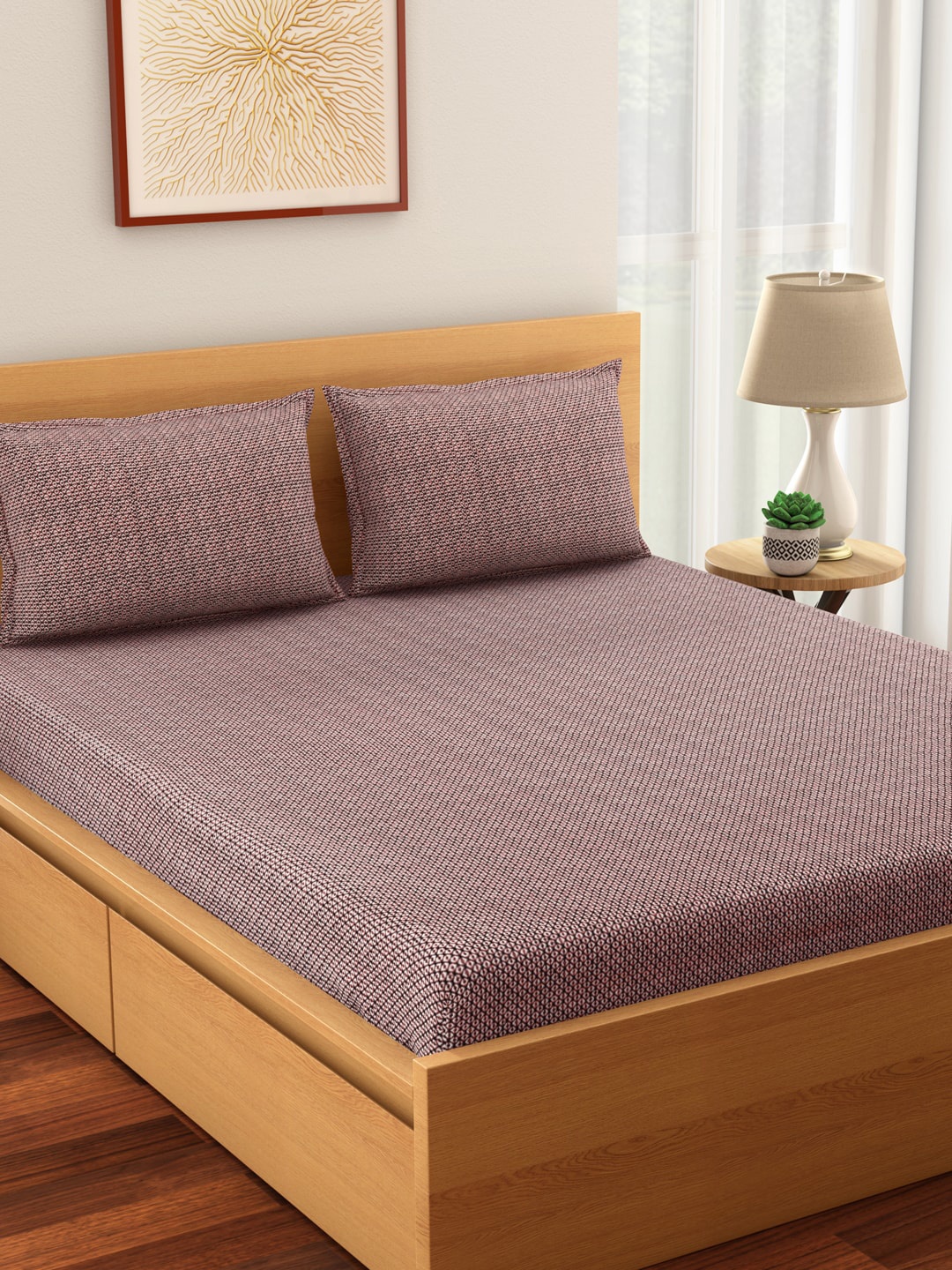 

Living scapes by Pantaloons Burgundy & Pink Geometric 144 TC Cotton 1 Queen Bedsheet with 2 Pillow Covers