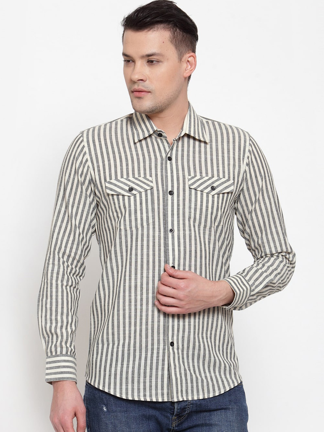 

Purple State Men White Slim Fit Striped Casual Shirt