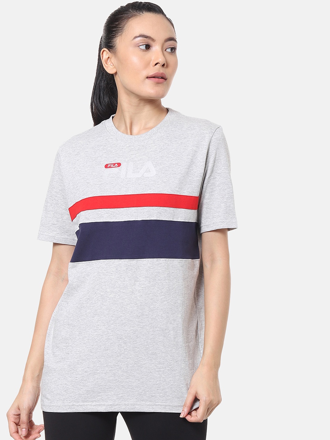 FILA Women Grey Solid Polo Collar T-shirt