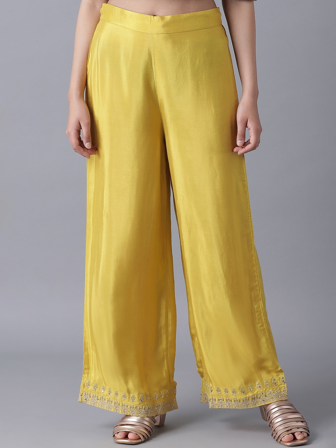 W Women Yellow & Gold-Toned Hem Design Straight Palazzos