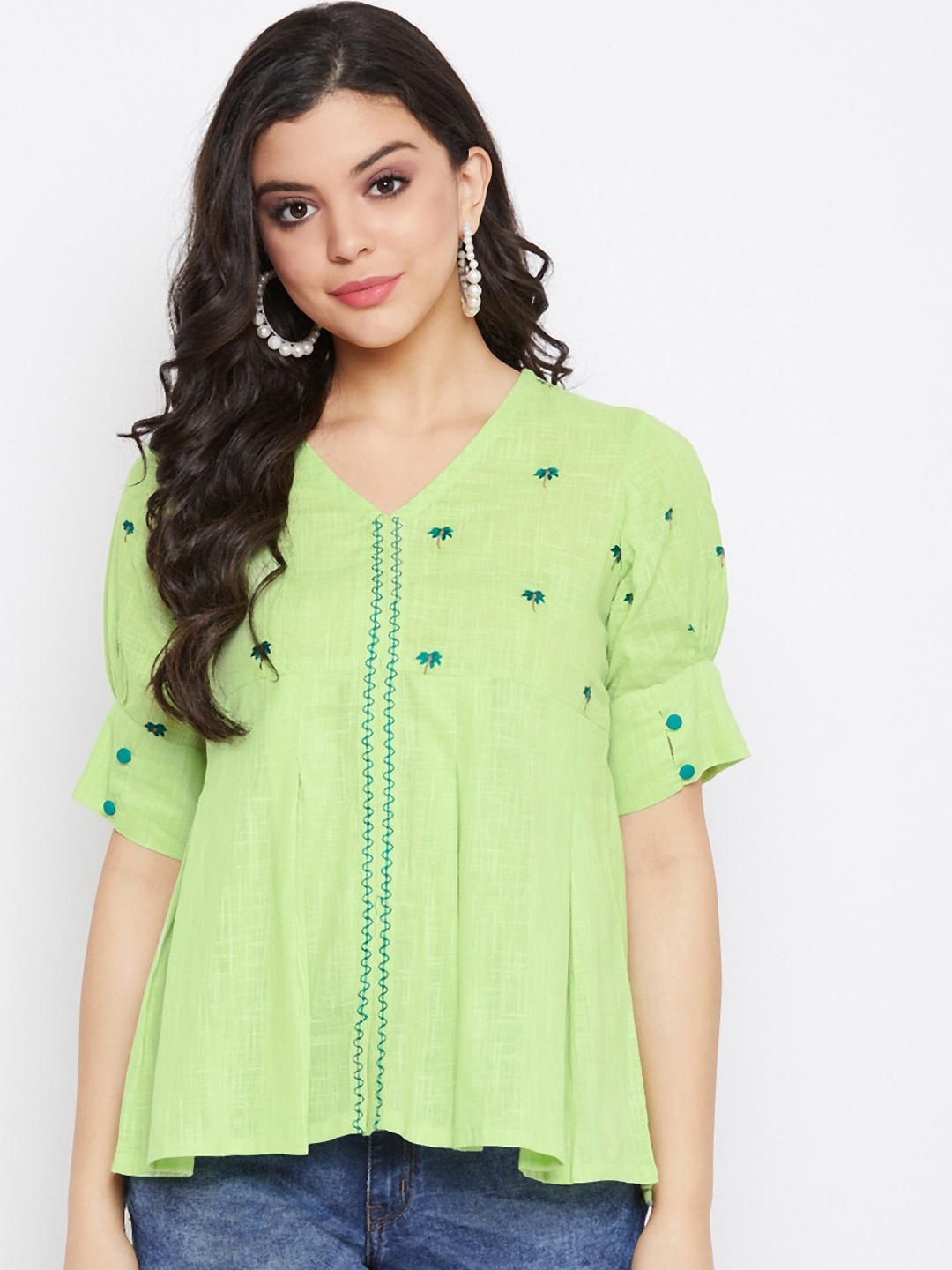 

WineRed Green Floral Embroidered Puff Sleeves A-Line Top