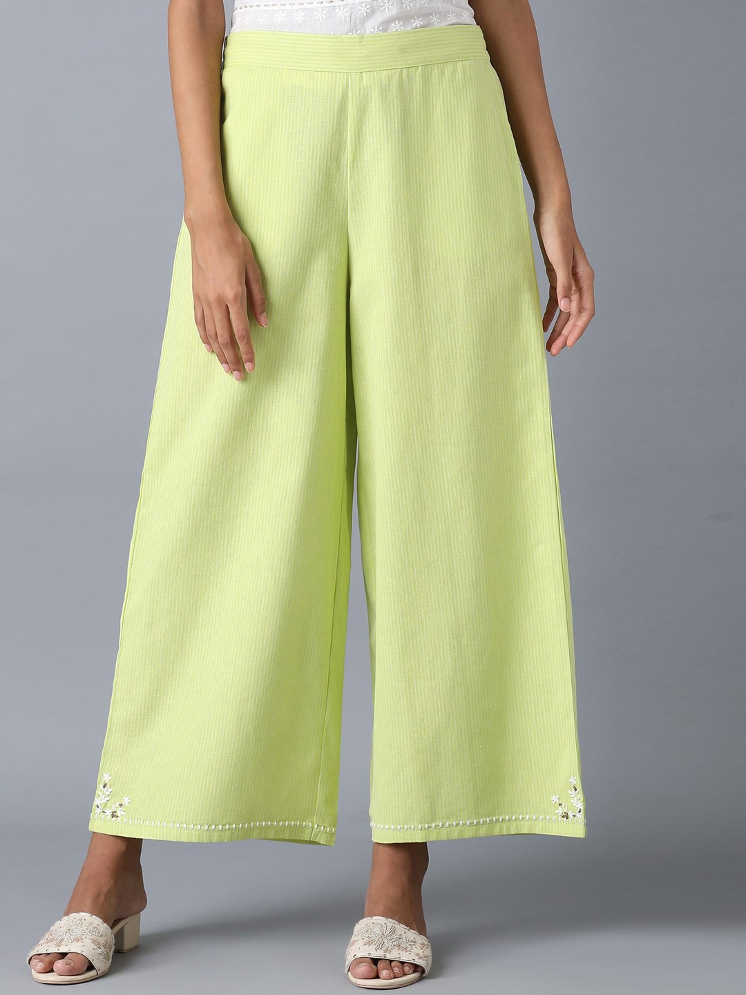 

W Flared Striped Cotton Palazzos, Lime green