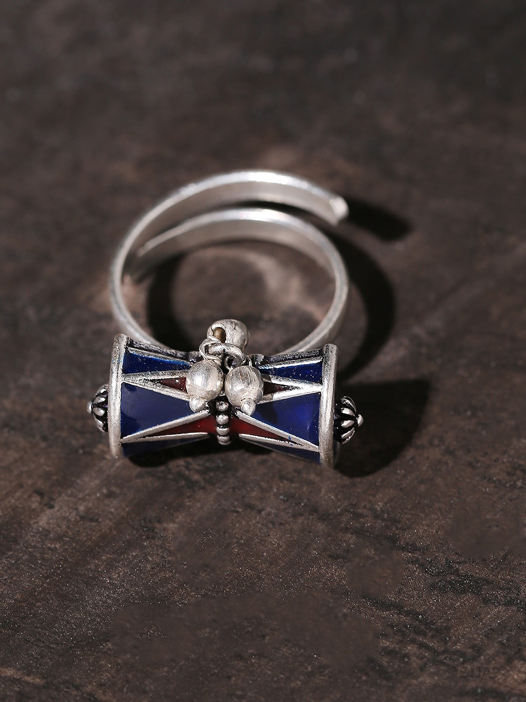 

Voylla Oxidised Silver-Plated Blue Moksha Damru-Shaped Adjustable Finger Ring