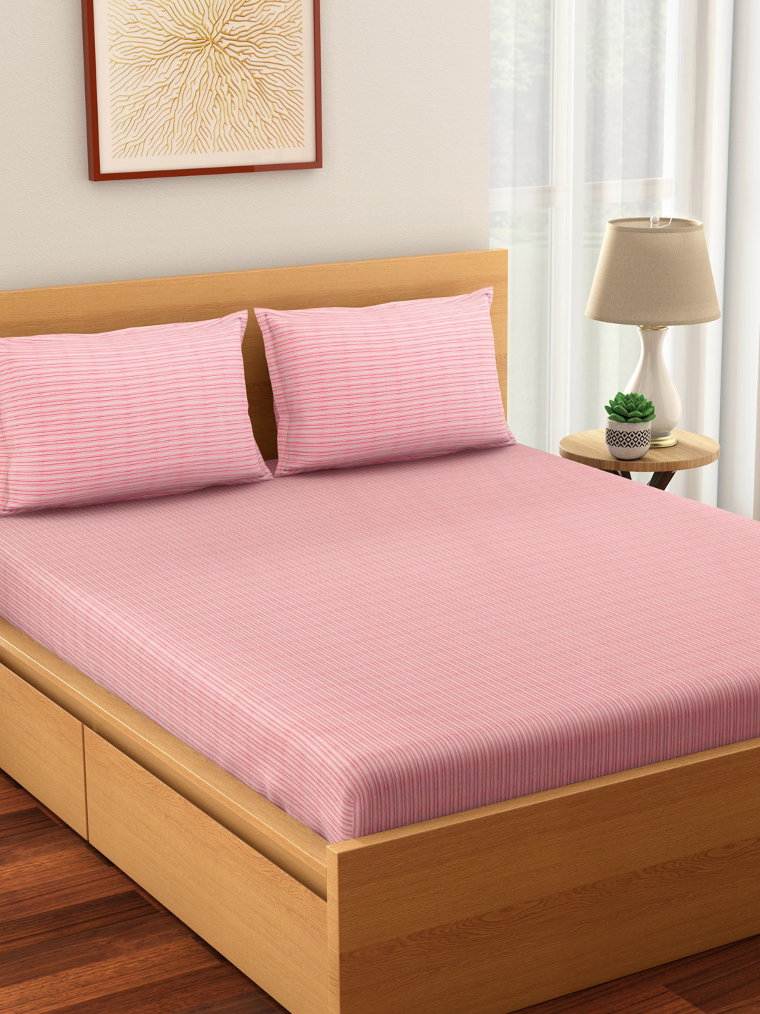 

Living scapes by Pantaloons Pink & Off-White Striped 144 TC King Bedsheet & Pillow Covers