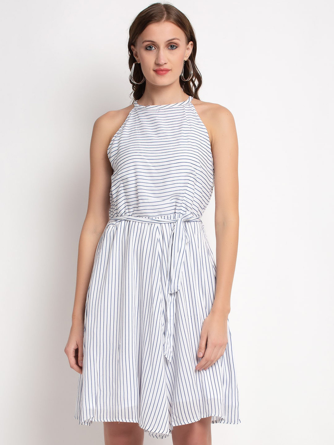 

Aujjessa Women White Striped Fit and Flare Cotton Dress