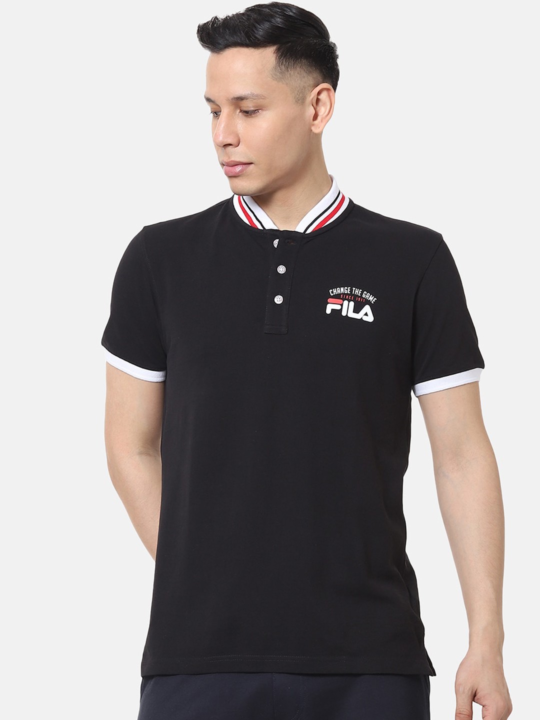 

FILA Men Black Solid Mandarin Collar T-shirt