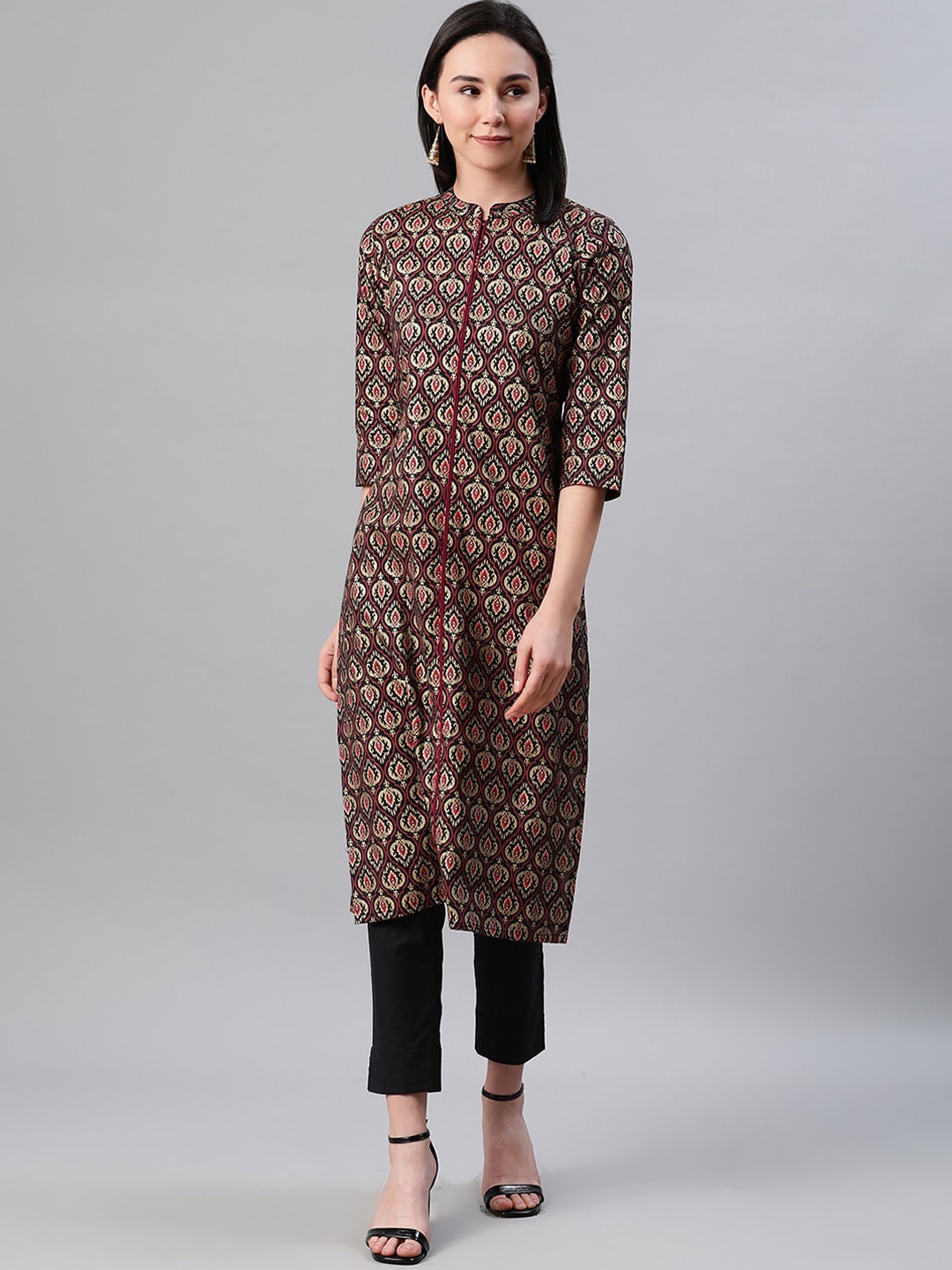 

ZIYAA Women Black & Beige Foil Printed Kurta with Trousers
